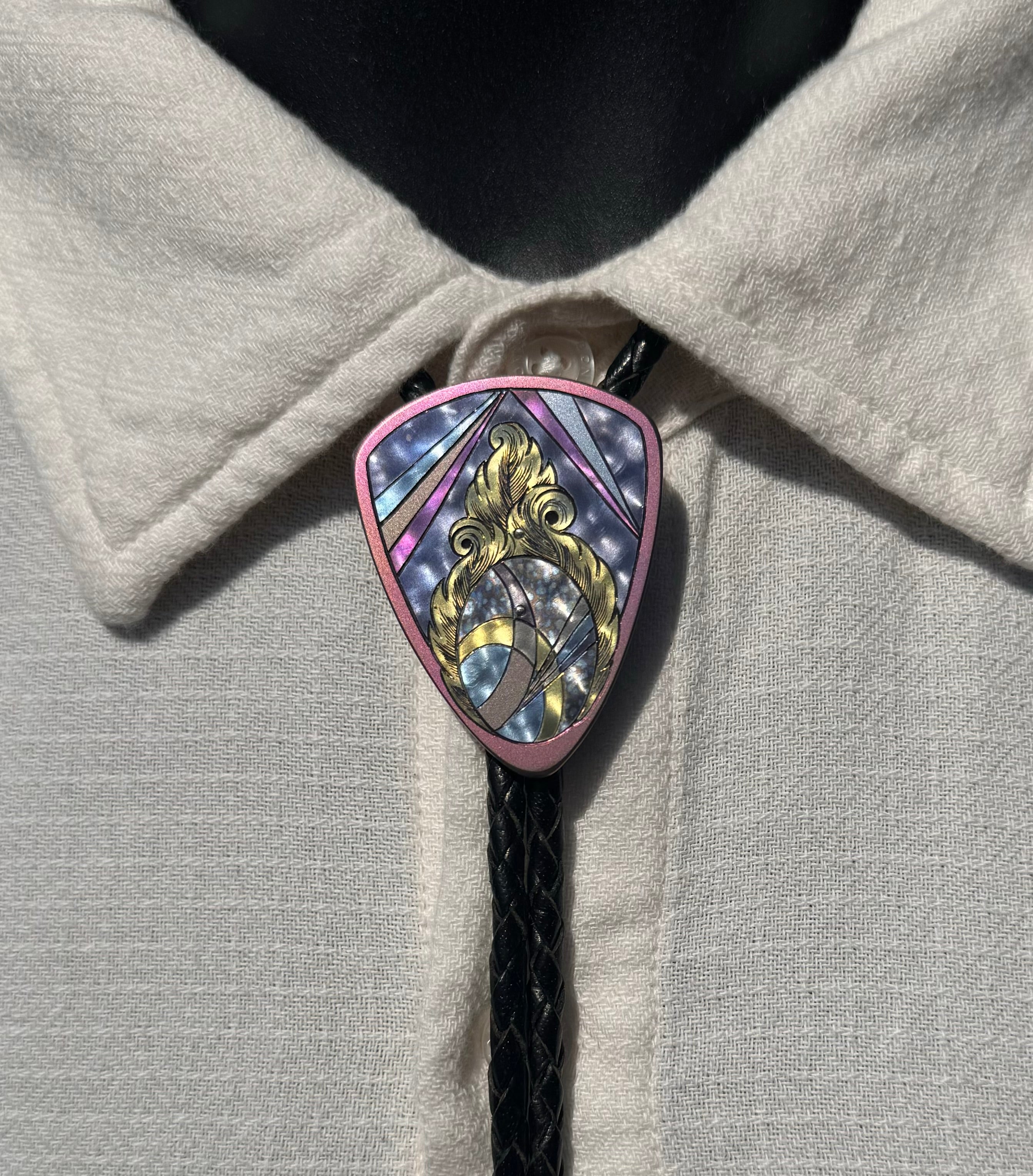 WALKERS ROCKERS Custom Engraved Anodized Patrica Walker Knives Bolo Tie
