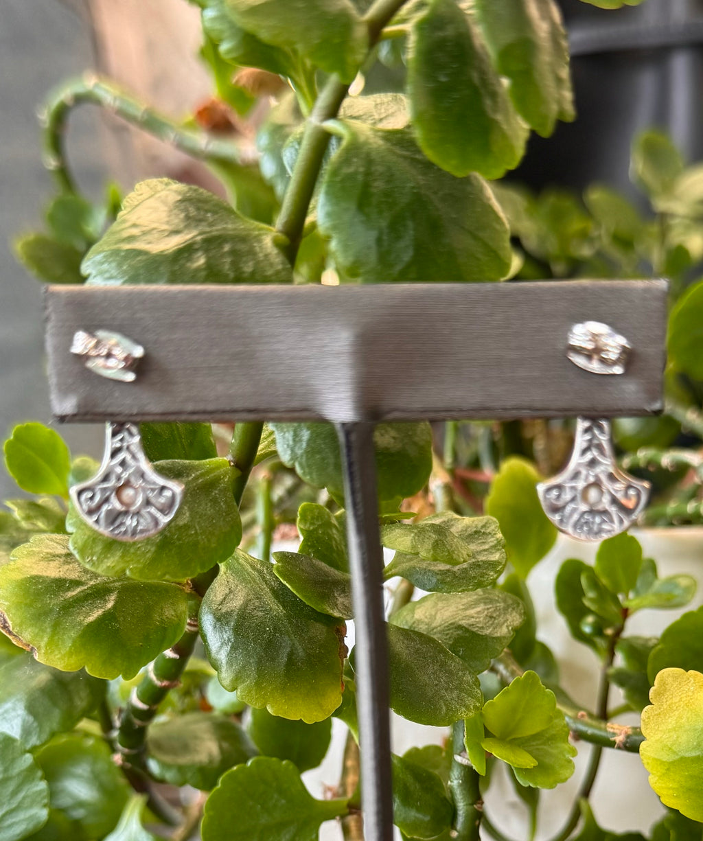 Textured Sterling Silver & Pearl Medieval Intricate Metalwork Hinged Earrings