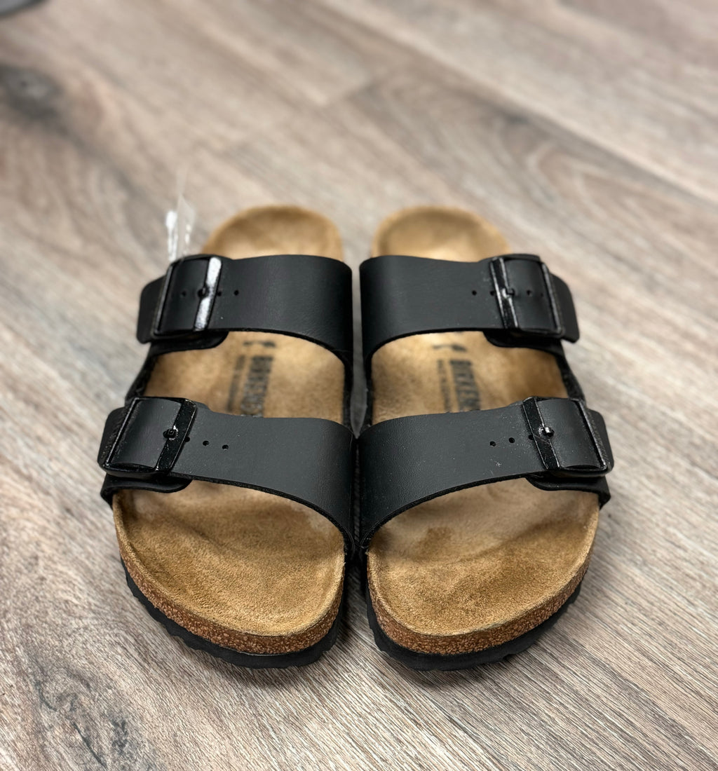 BIRKENSTOCK Black Buckle Leather Arizona Slides Sz. 39