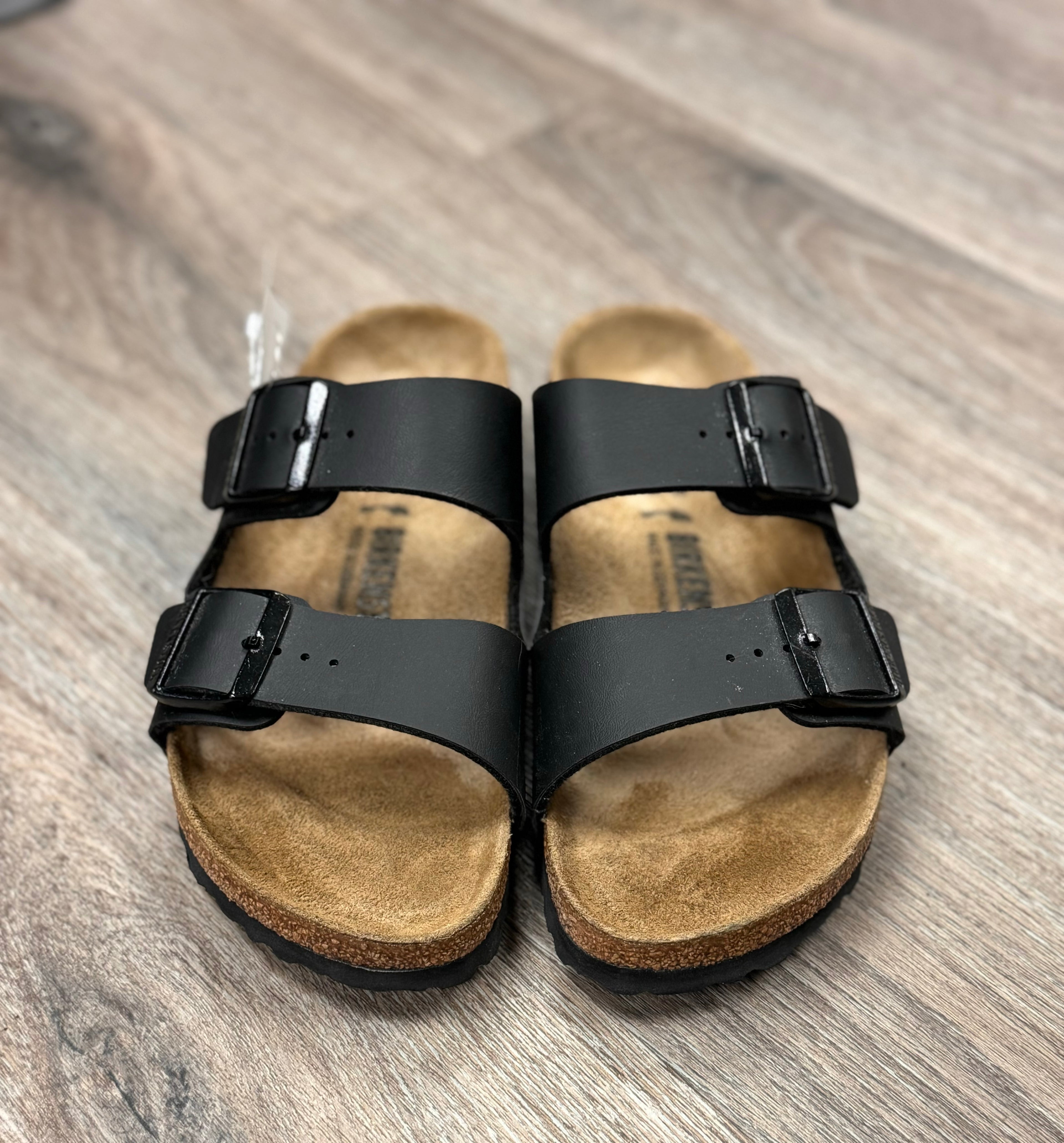 BIRKENSTOCK Black Buckle Leather Arizona Slides Sz. 39