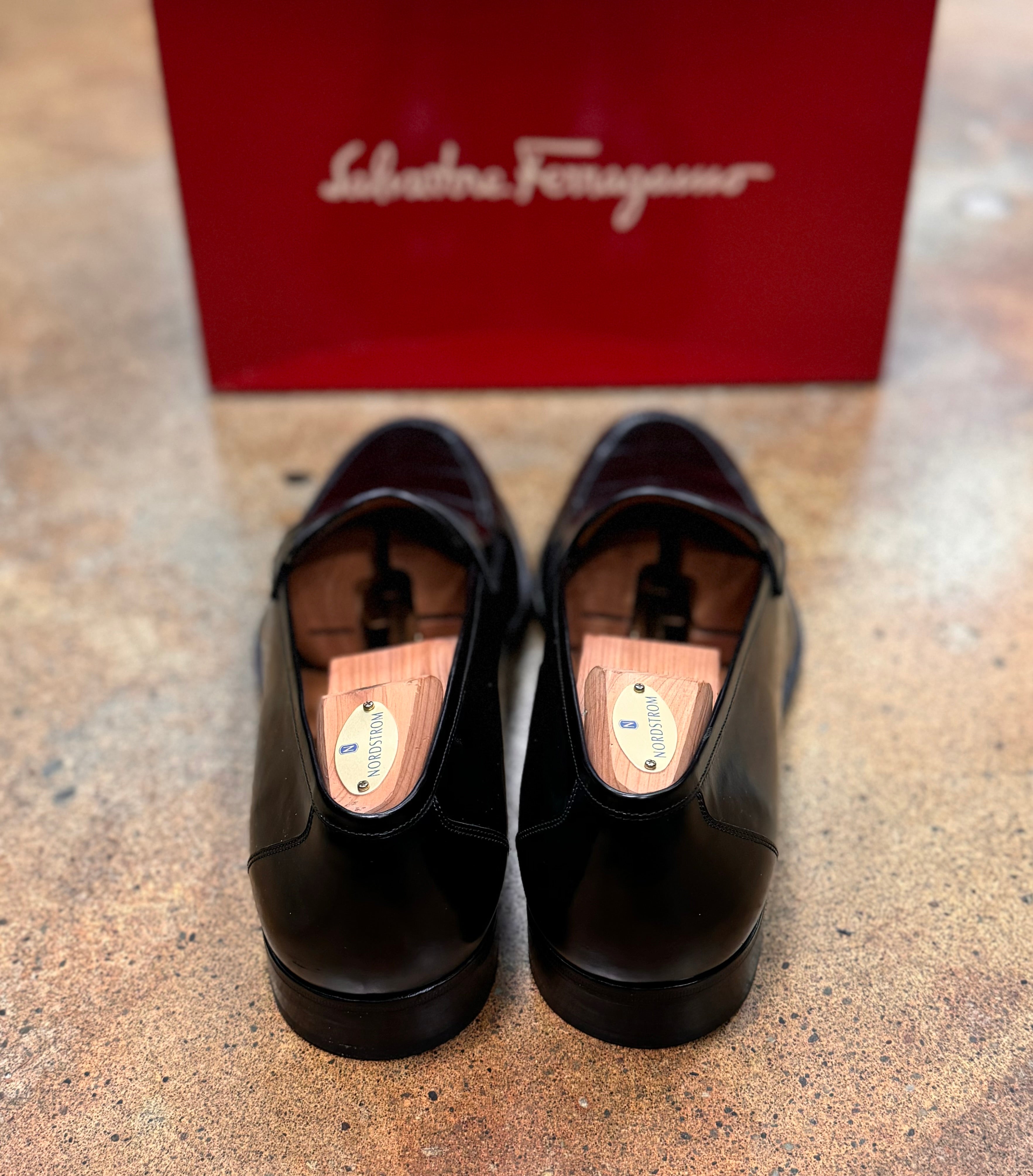SOLD! Salvatore Ferragamo Men’s Black Patent Leather Penny Loafers Sz. 11