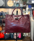 LONGCHAMP Vintage Y2K Maroon Croc Embossed Leather Tote Bag