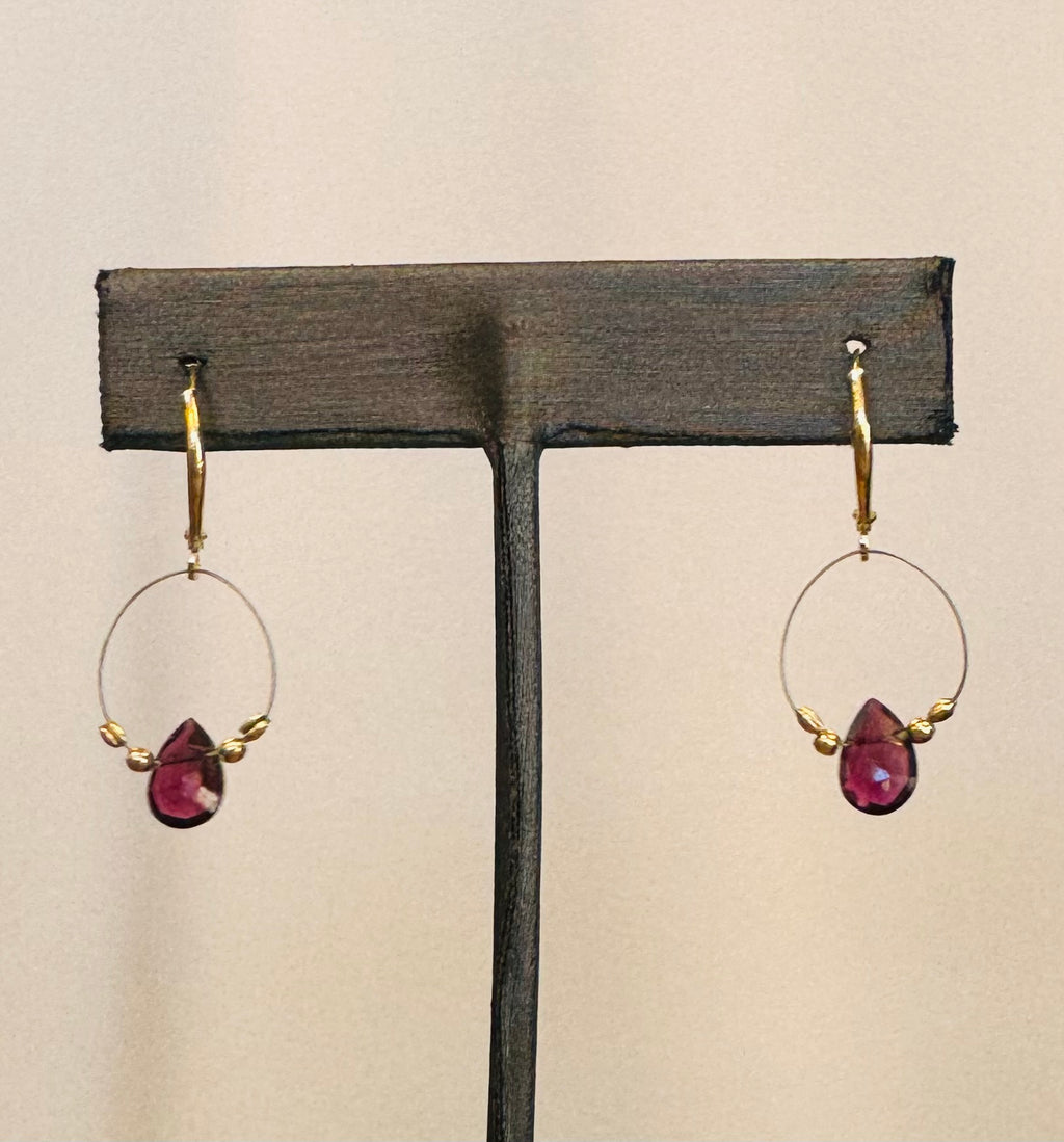 14K Y. Gold Pear Drop Faceted Ruby Hoop Earrings