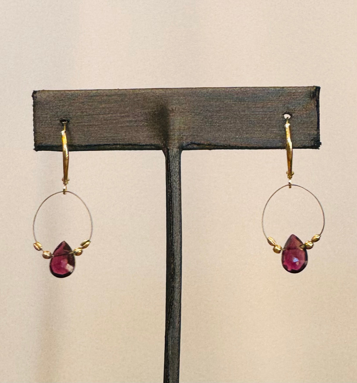 14K Y. Gold Pear Drop Faceted Ruby Hoop Earrings
