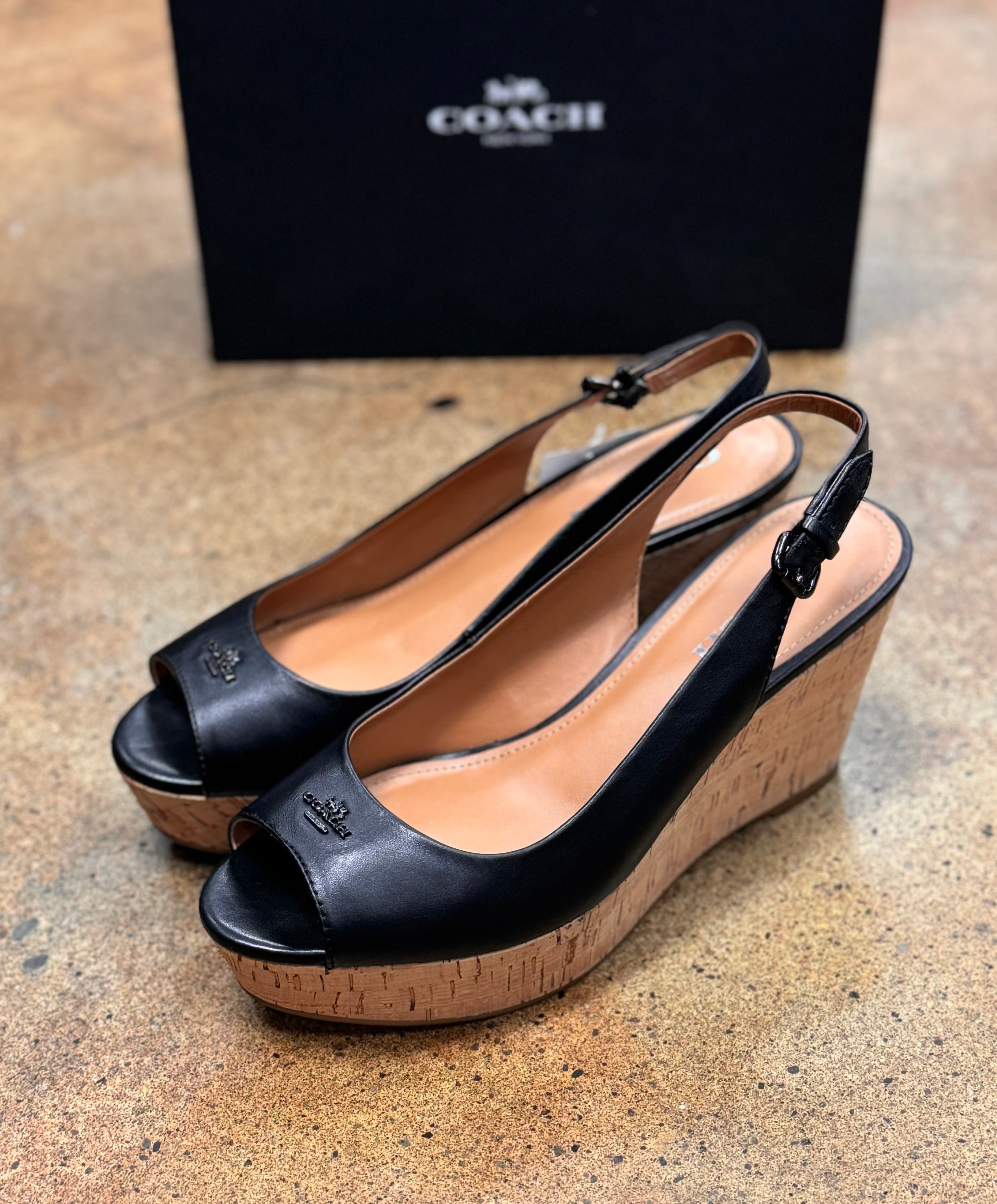 COACH Black Ferry Cork Wedge Peep Toe Slingback Sandals Sz. 8 1/2 w/Box