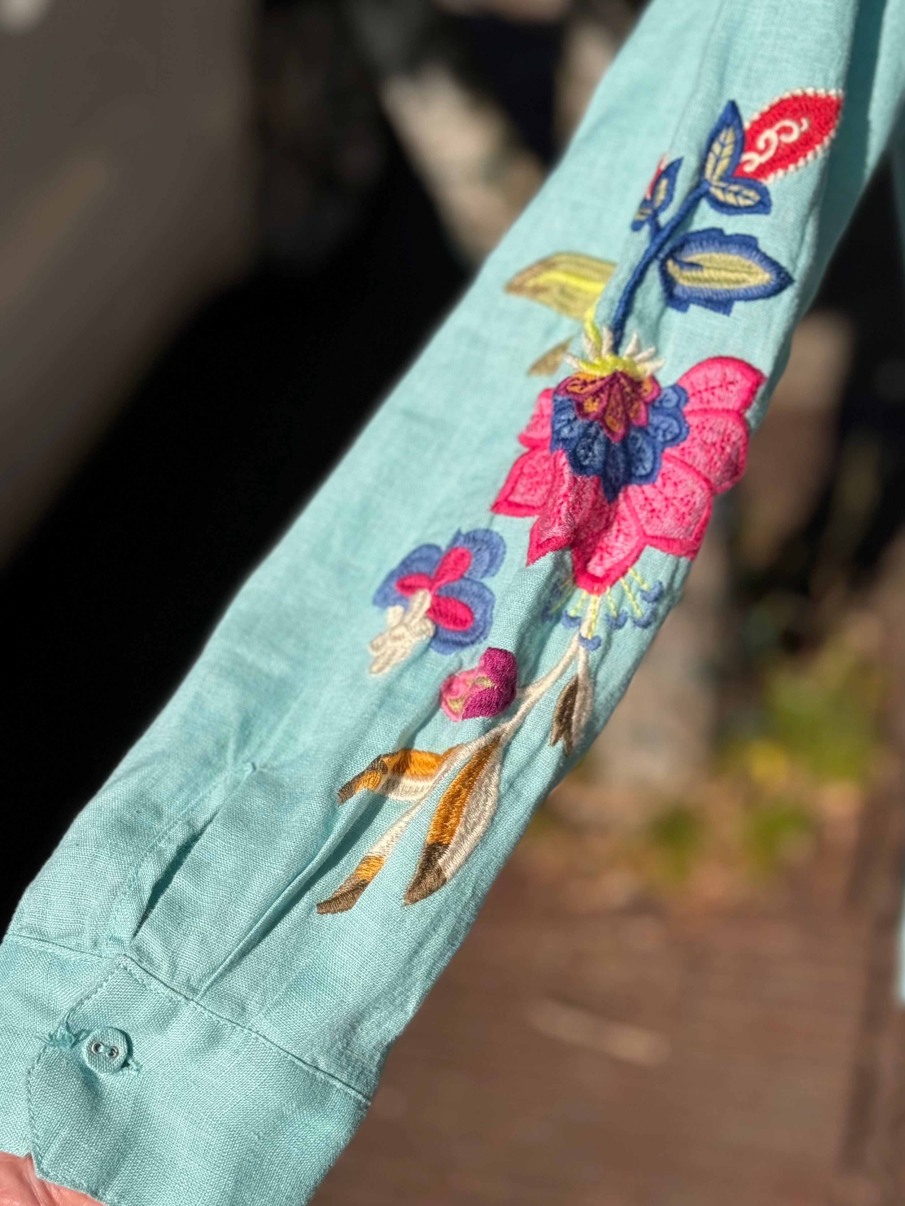 JOHNNY WAS Gracey 100% Linen Embroidered Teal Top Large