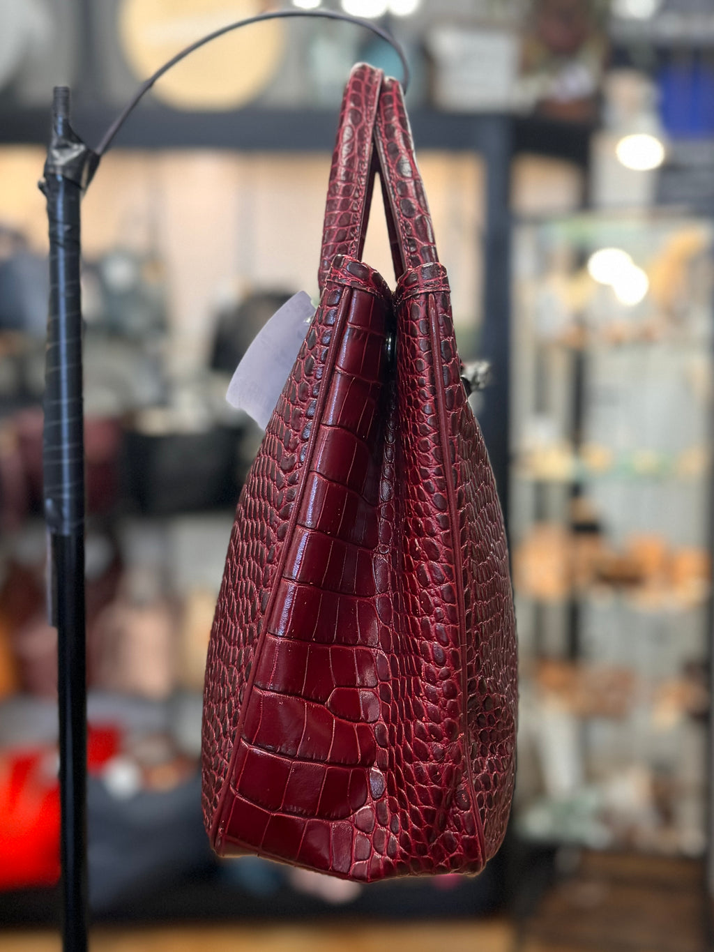LONGCHAMP Vintage Y2K Maroon Croc Embossed Leather Tote Bag