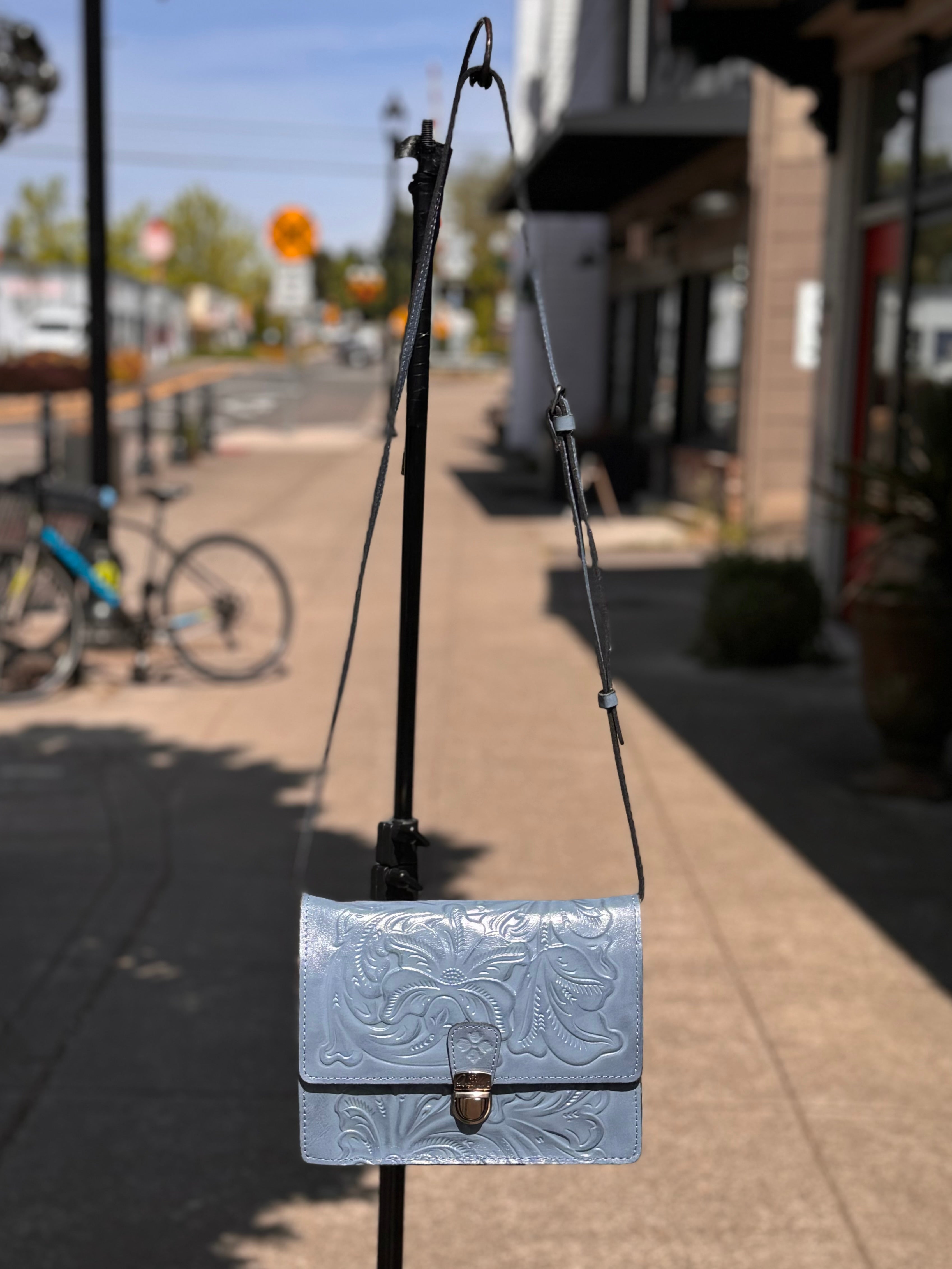 Patricia Nash Blue Floral Tooled Leather Crossbody Bag