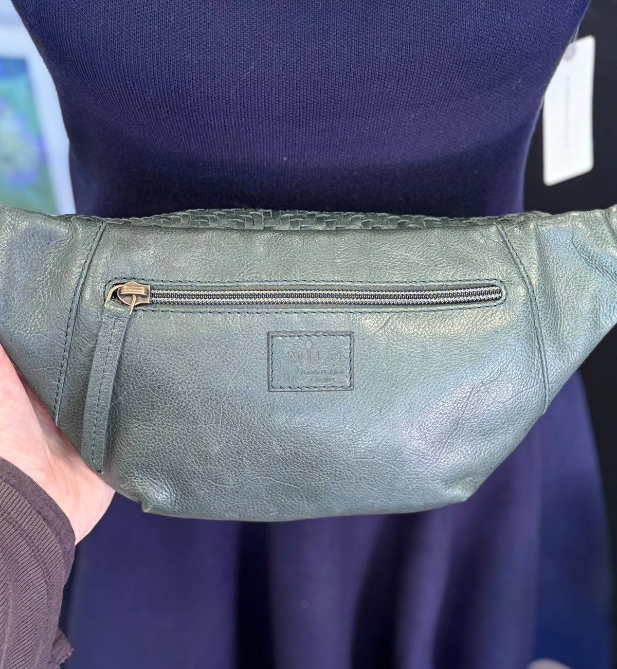 MILO Canada Green Woven Leather Sling Bag