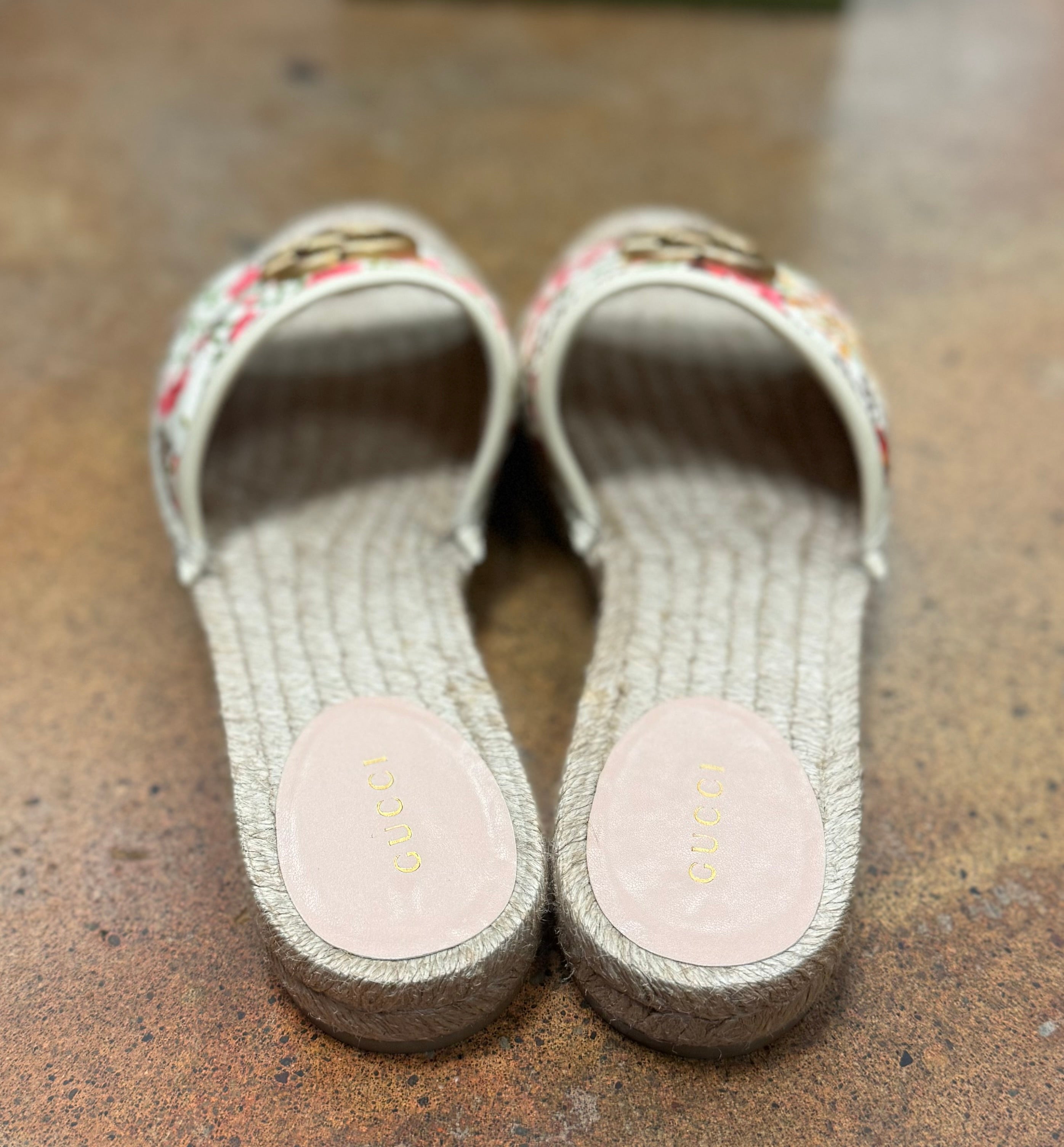 GUCCI Pilar Espadrille Quilted Floral Canvas GG Sandals Sz. 8 1/2