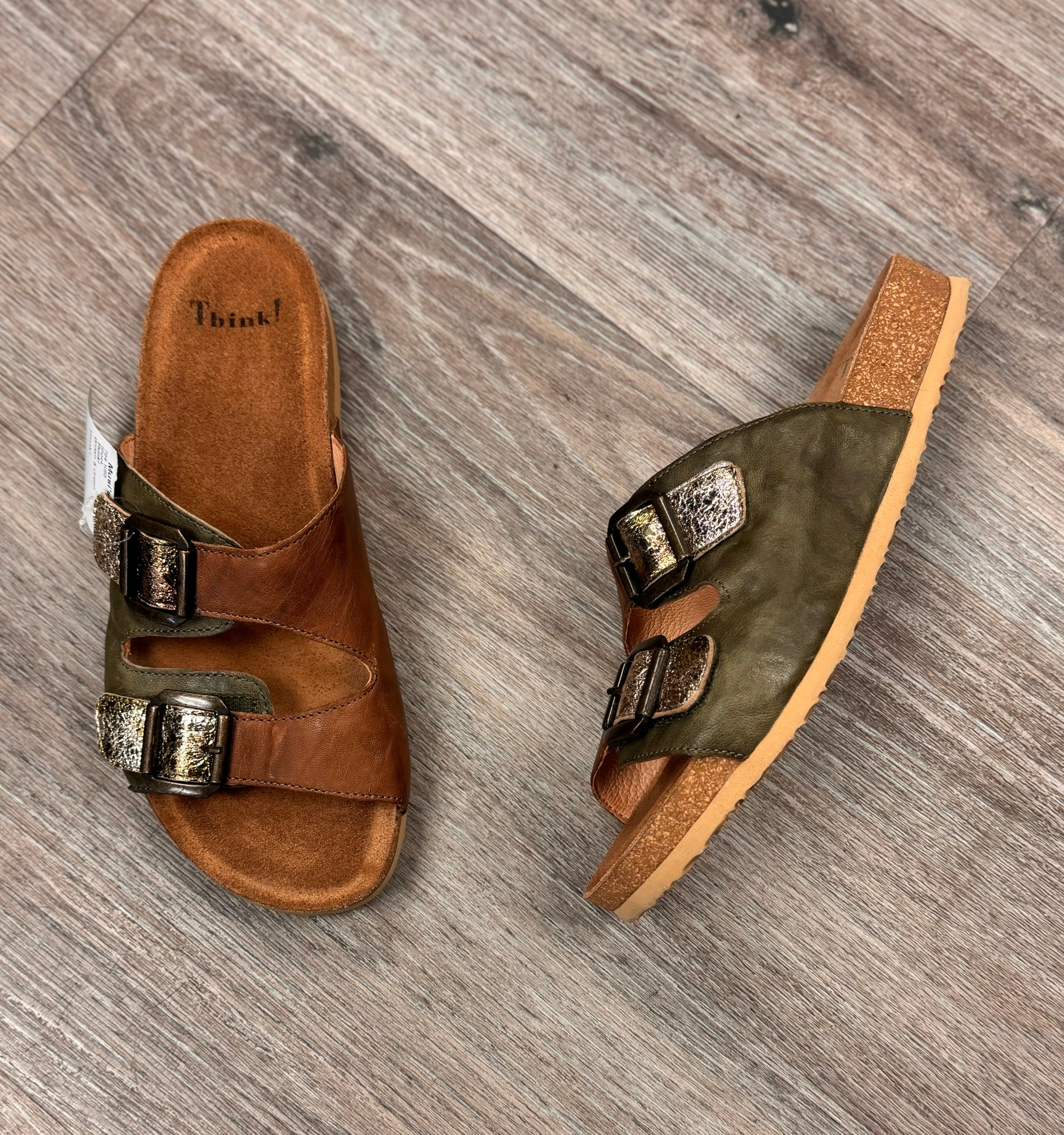 Think! Brown & Green Buckle Bluza 2 Slide Sandals Sz. 38