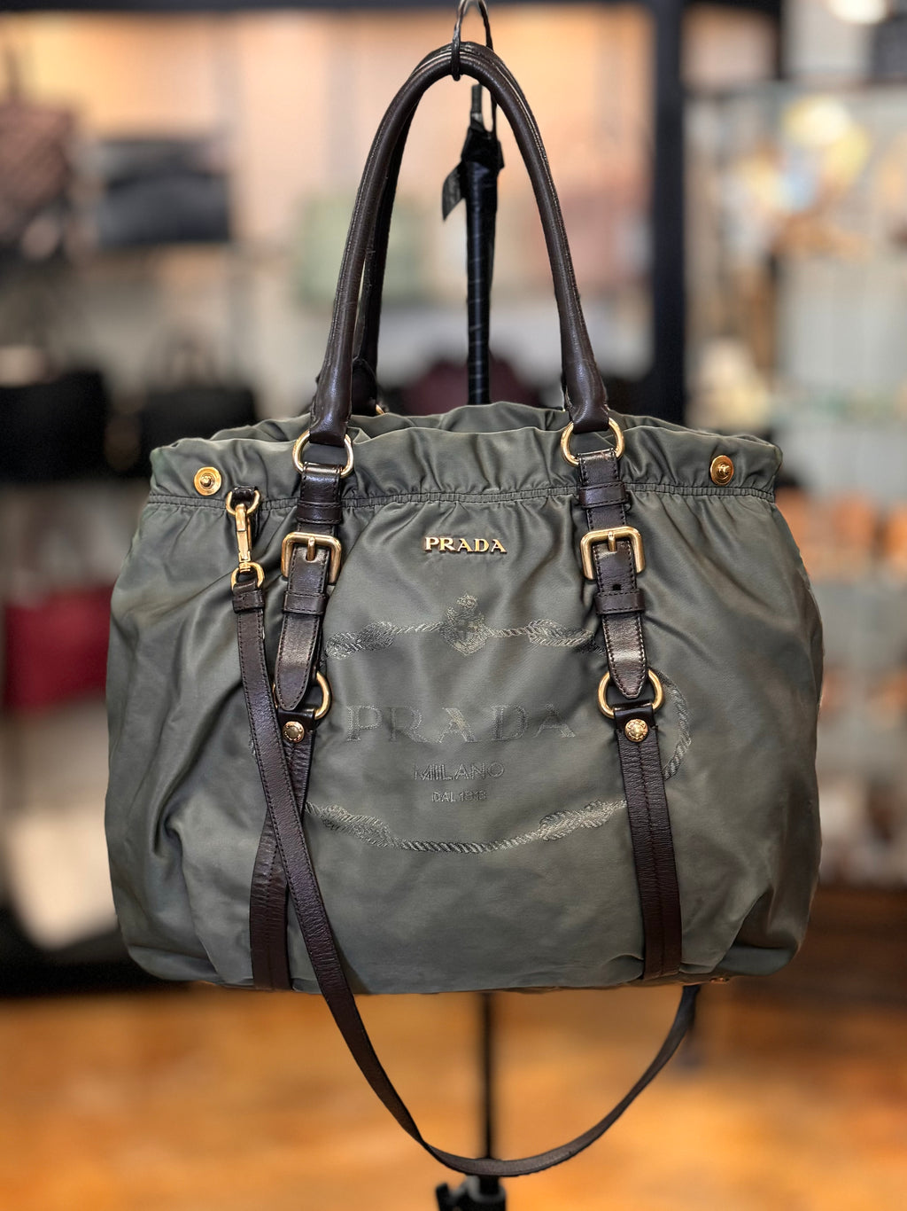 PRADA Green Tessuto Nylon Leather Trim Shoulder Bag