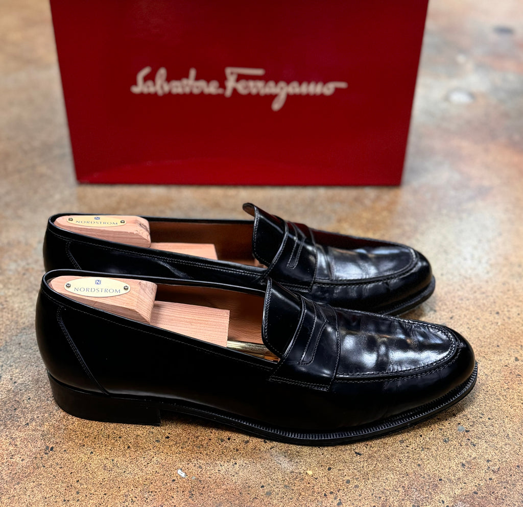 SOLD! Salvatore Ferragamo Men’s Black Patent Leather Penny Loafers Sz. 11