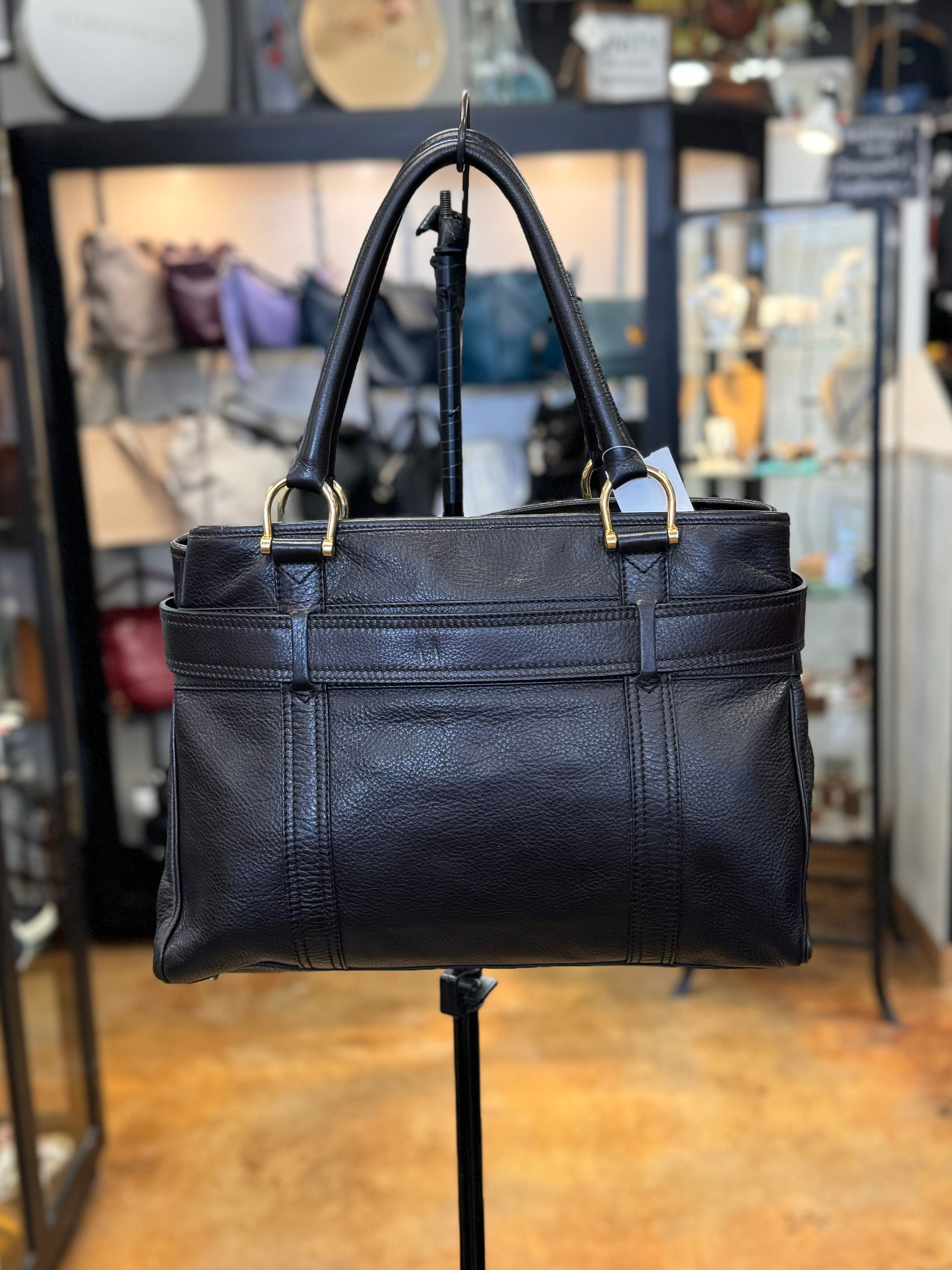 BURBERRY Black Leather Belted Tote Bag