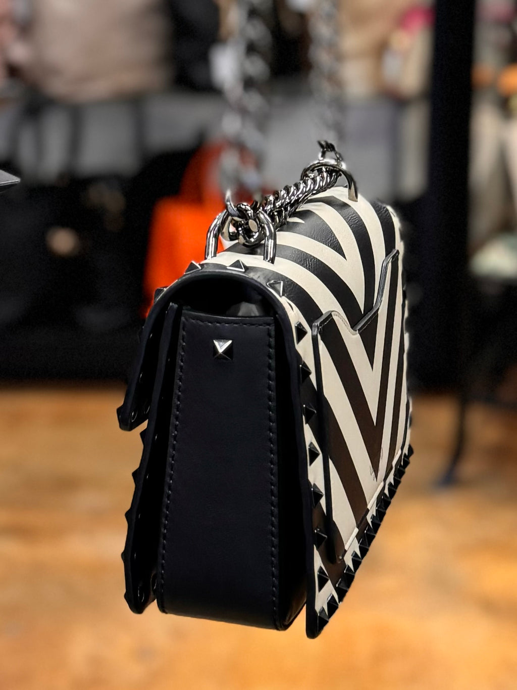 VALENTINO Garavani B-Rockstud Chevron Vitello Leather Bag