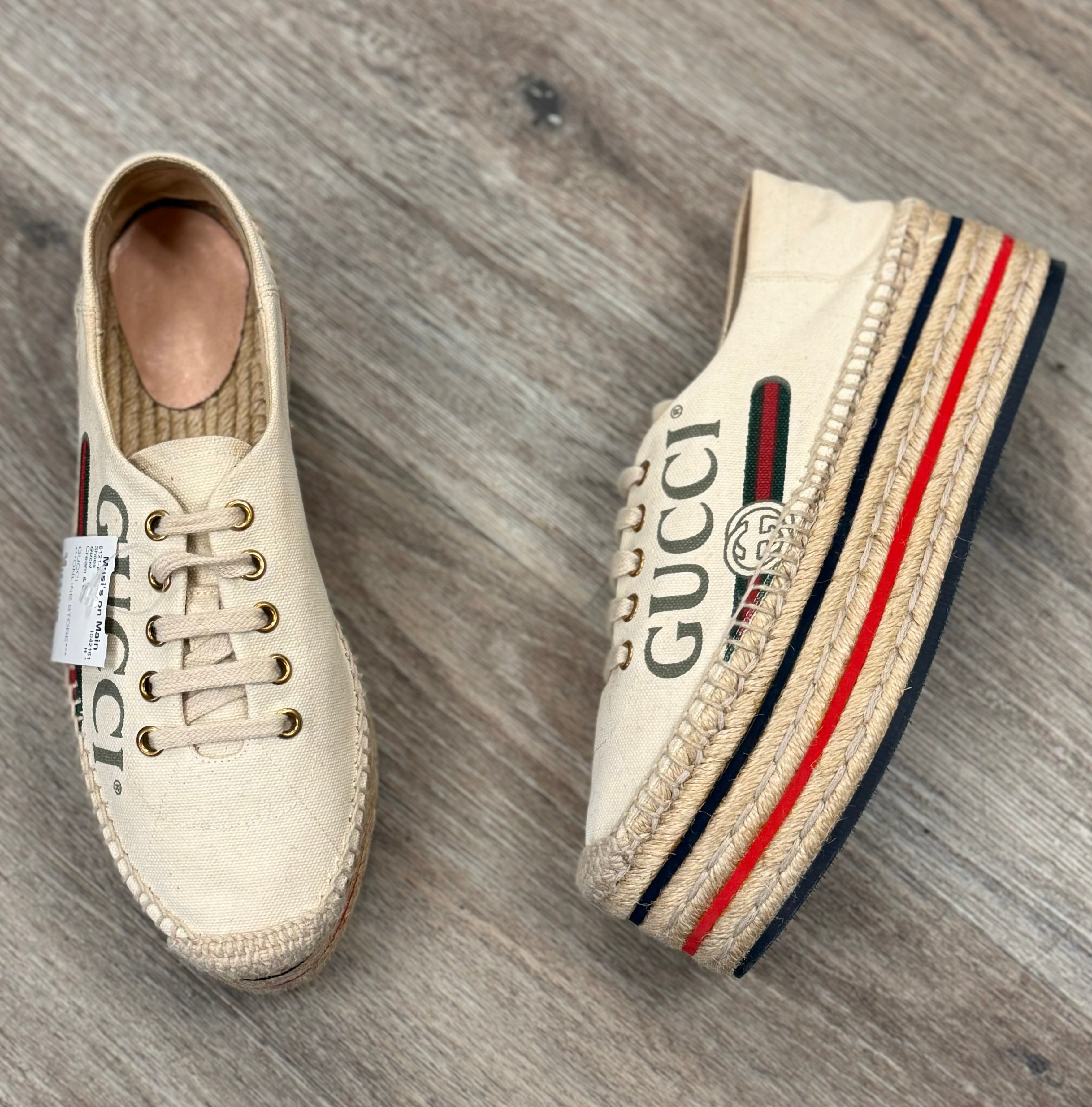 GUCCI Lillibeth Canvas Espadrille Platform Logo Sneakers Sz. 38 / 8