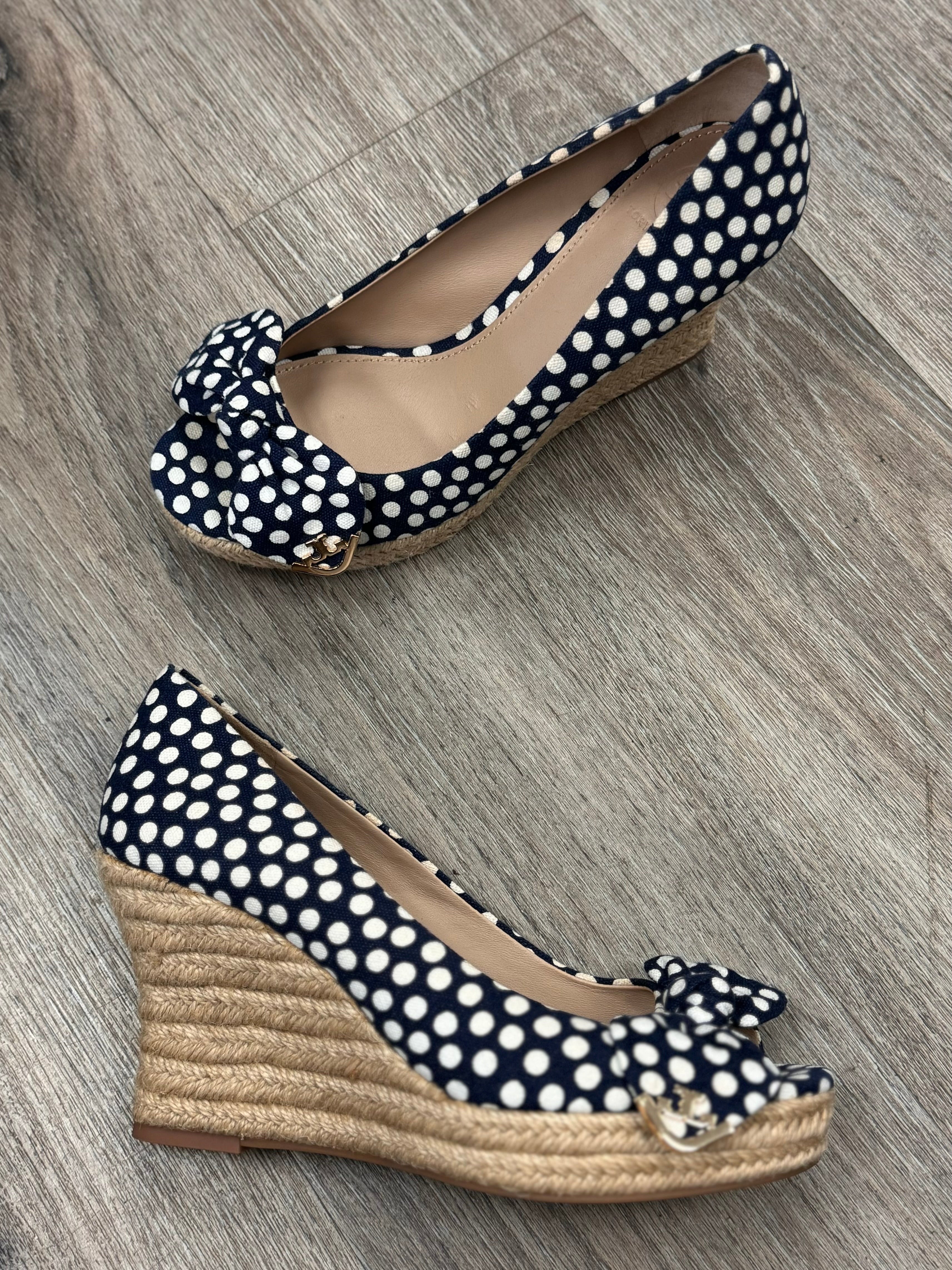 TORY BURCH Polka Dot Deep Toe Espadrille Wedge Heels Sz. 8 1/2