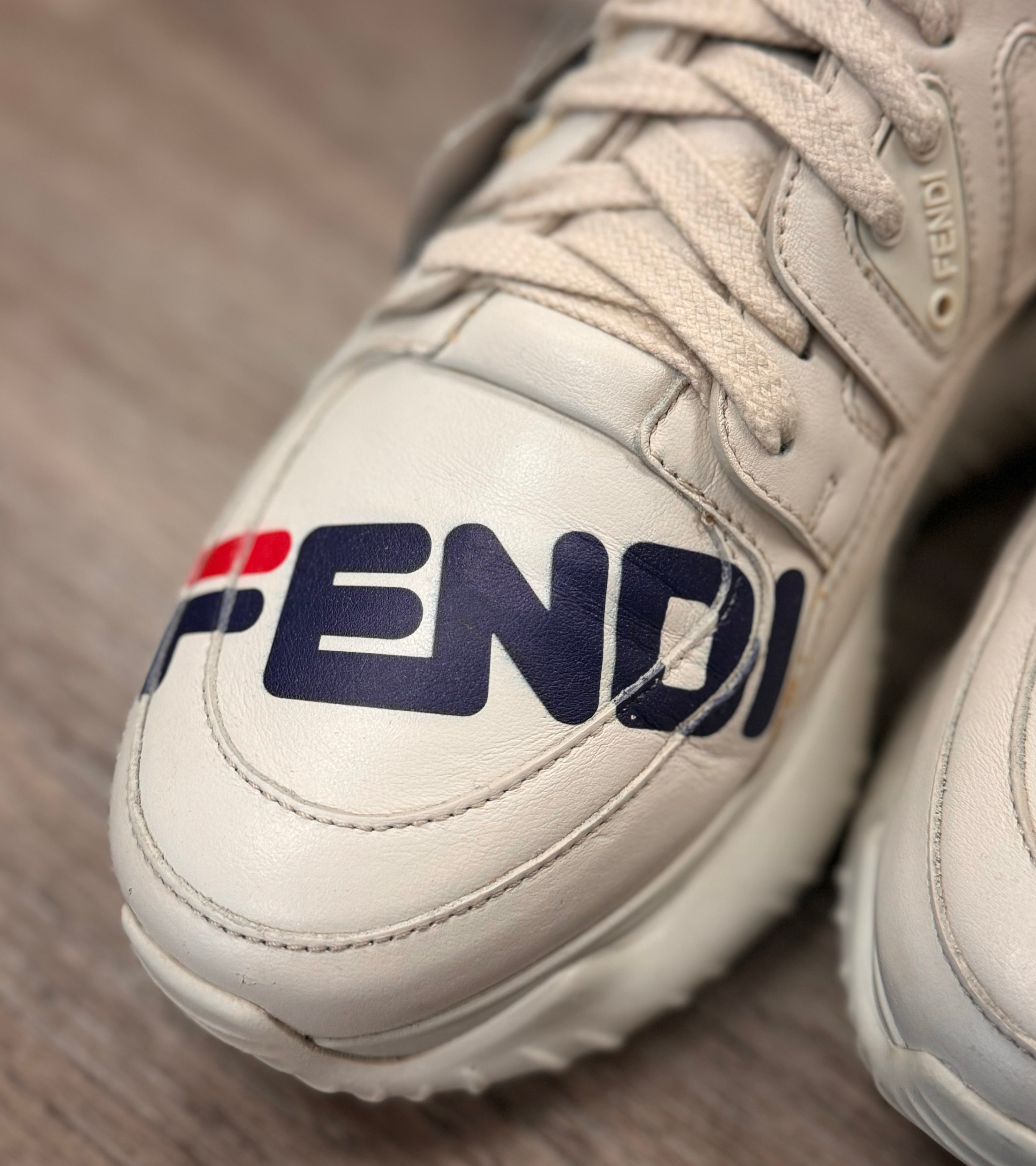 FENDI White Mania Vitello Chunky Logo Lace Up Sneakers Sz. 37