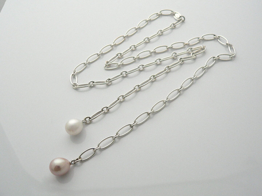 TIFFANY & CO. Elsa Peretti Sterling Oval Link & Pearl 18” Necklace