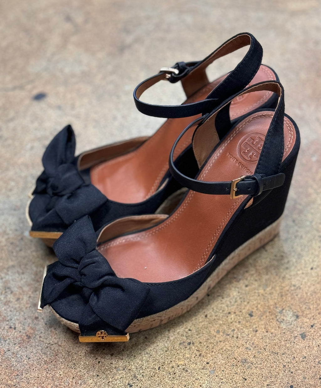 SOLD! TORY BURCH Black Espadrille Bow Wedge Sandals Sz. 8