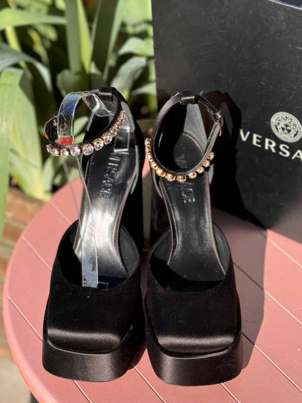 VERSACE Medusa Aevitas Platform Satin Crystal Heels Sz. 38 1/2