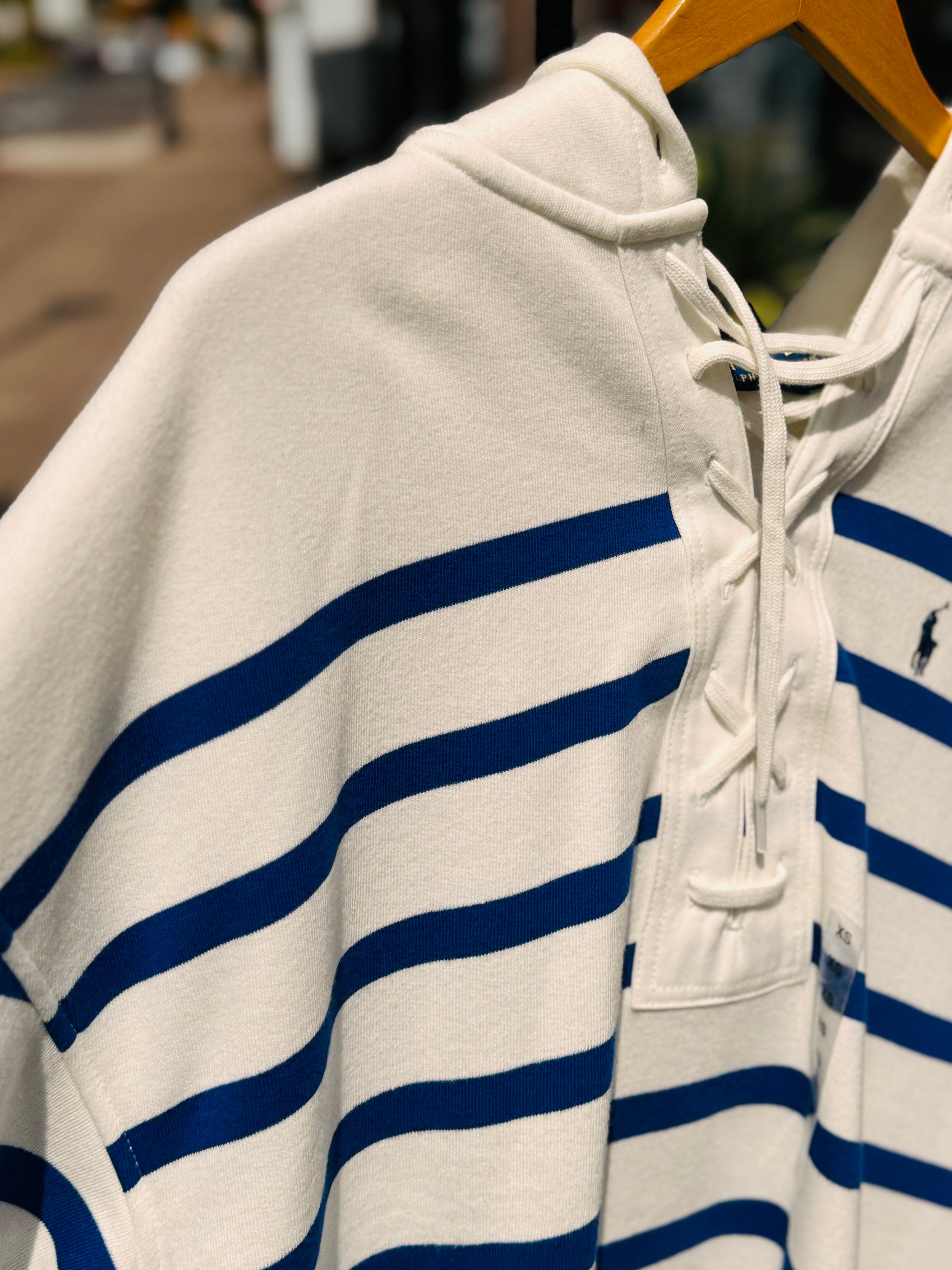 RALPH LAUREN Blue & White Stripped Oversize Hooded Jacket Sz. S/XS