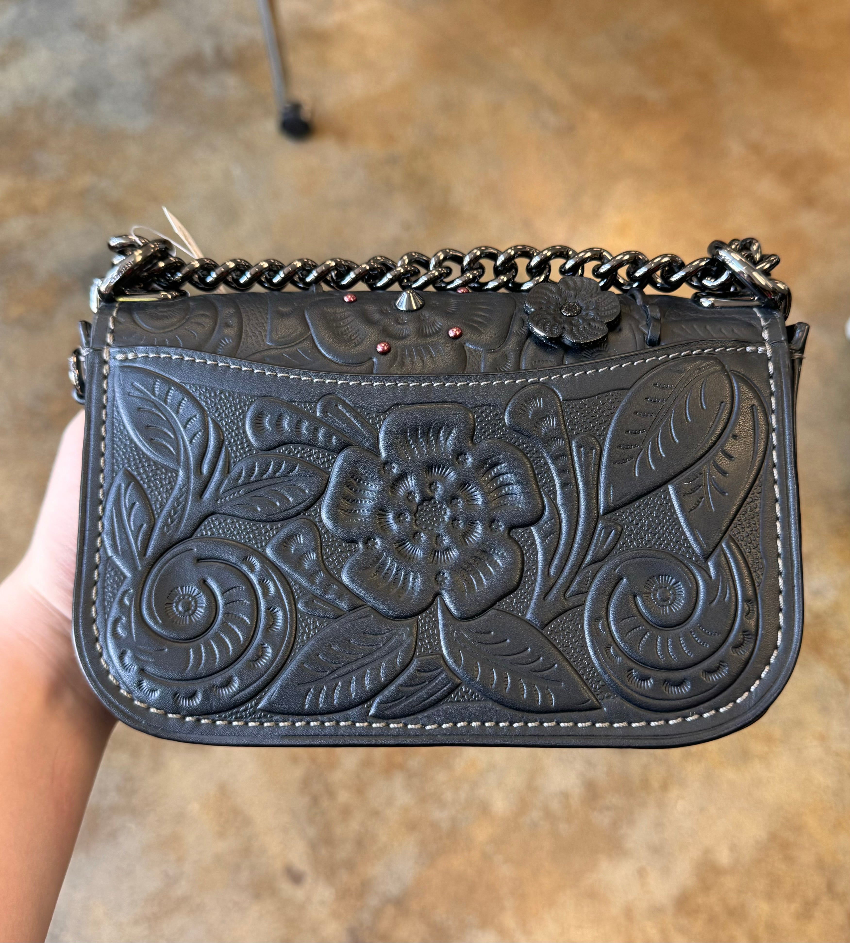 COACH 1941 Swagger Black Tea Rose Tooling Shoulder Bag