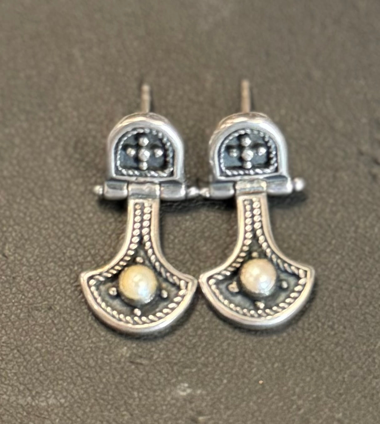 Textured Sterling Silver & Pearl Medieval Intricate Metalwork Hinged Earrings