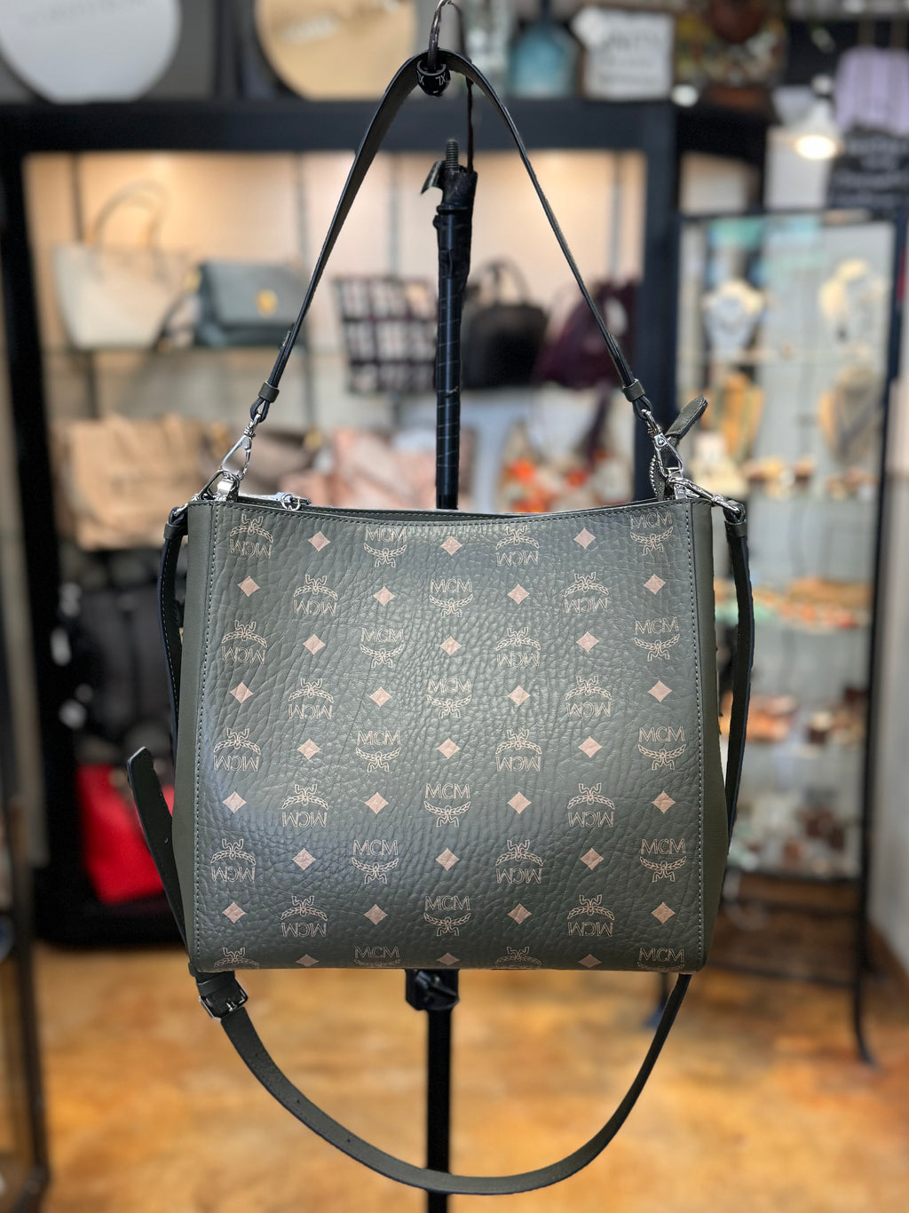 MCM Green Leather Aren Monogram Shoulder Crossbody Bag