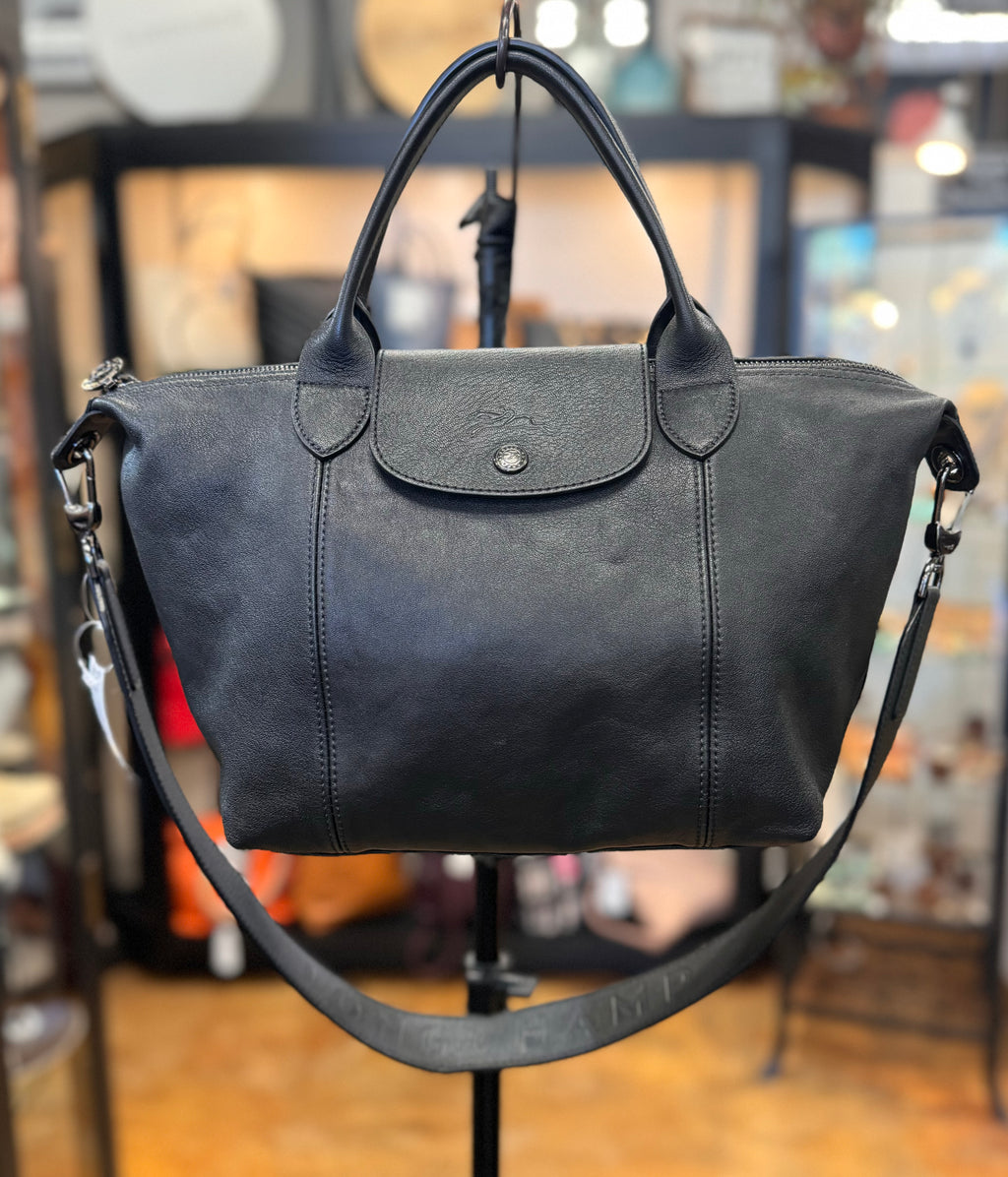 LONGCHAMP Black Le Pliage Cuir Leather Top Handle Bag