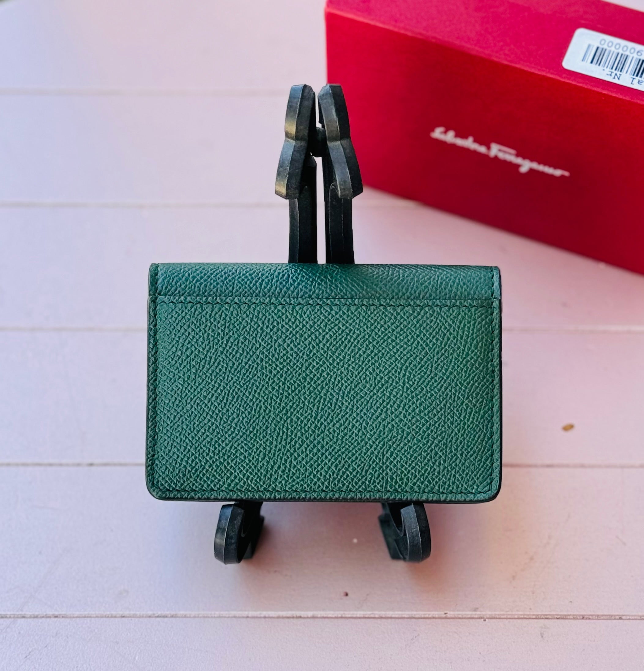 Salvatore Ferragamo Green Leather Double Gancini Mini Wallet