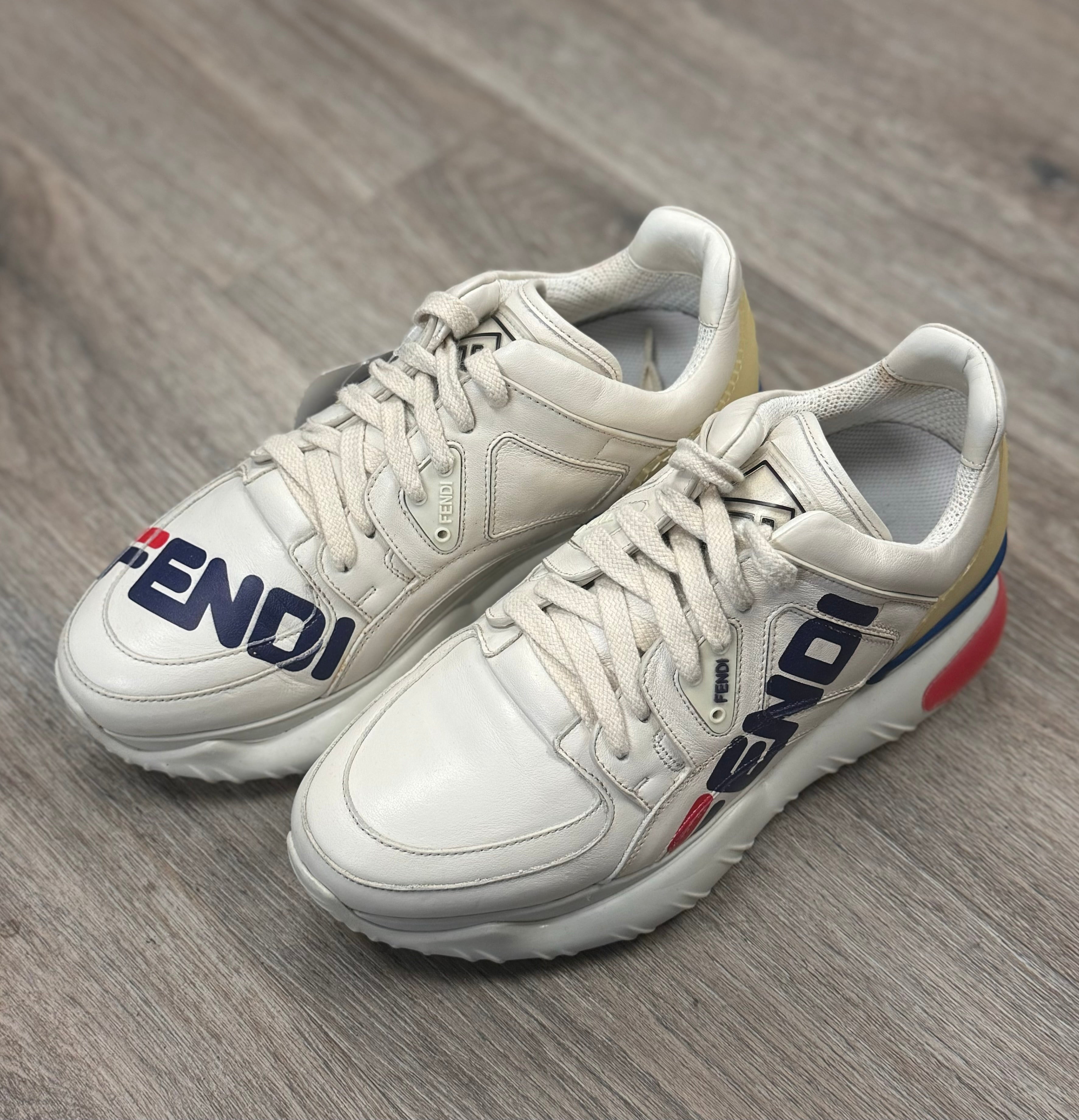 FENDI White Mania Vitello Chunky Logo Lace Up Sneakers Sz. 37