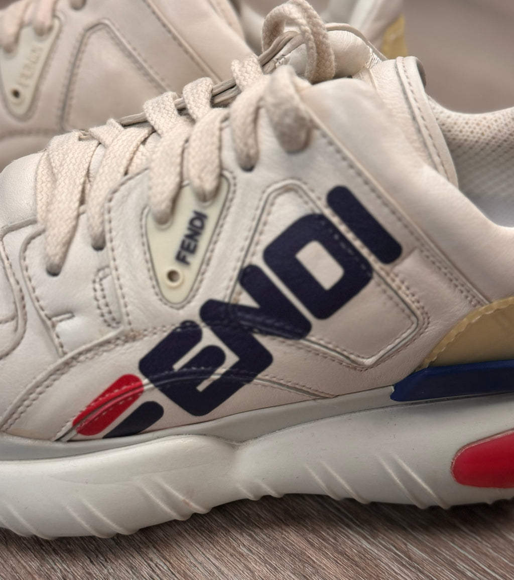 FENDI White Mania Vitello Chunky Logo Lace Up Sneakers Sz. 37
