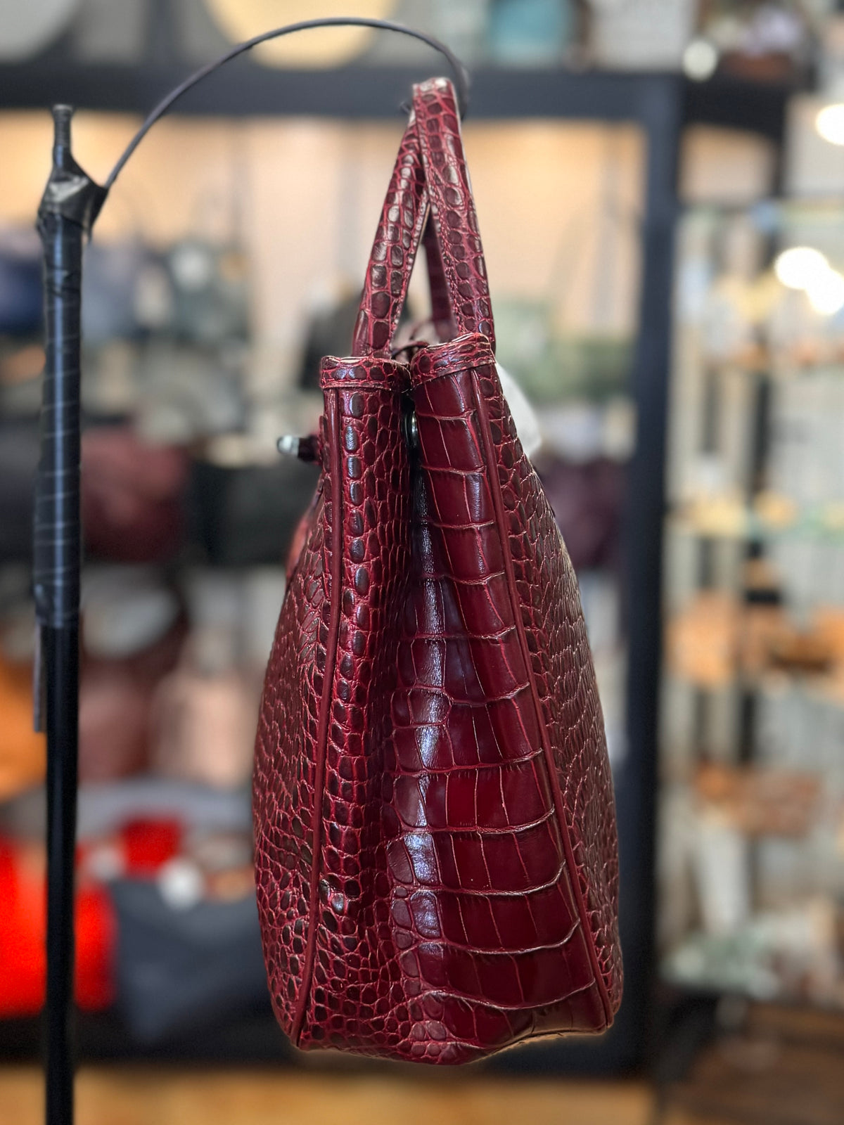 LONGCHAMP Vintage Y2K Maroon Croc Embossed Leather Tote Bag