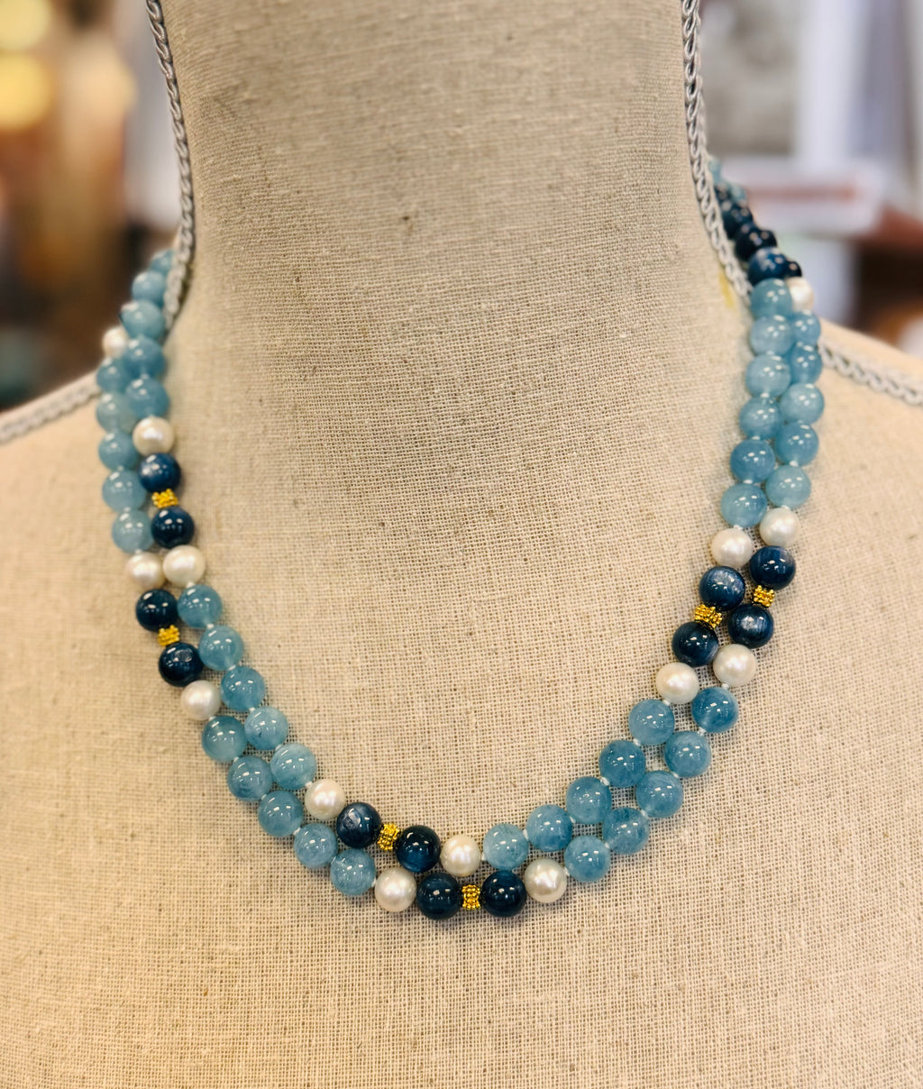 Aquamarine Kyzonite & Pearl 18k Yellow Gold Necklace 37.5”