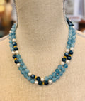 Aquamarine Kyzonite & Pearl 18k Yellow Gold Necklace 37.5”