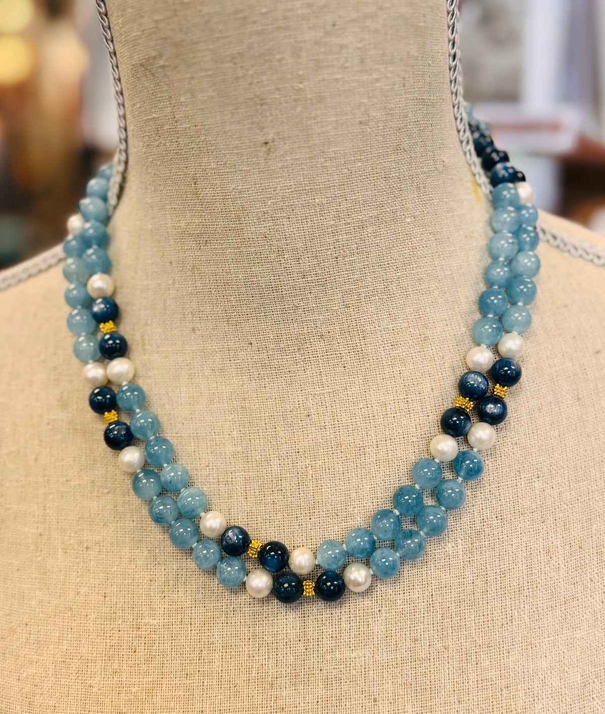 Aquamarine Kyzonite & Pearl 18k Yellow Gold Necklace 37.5”