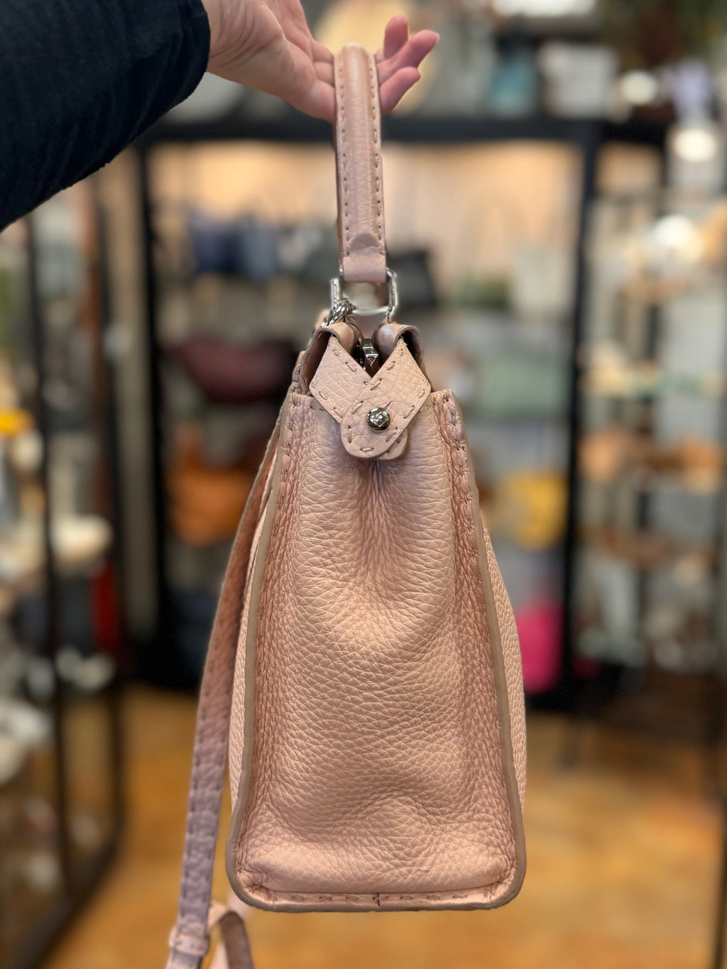 FENDI Selleria Peekaboo Pebbled Leather Satchel w/silver-tone Hardware