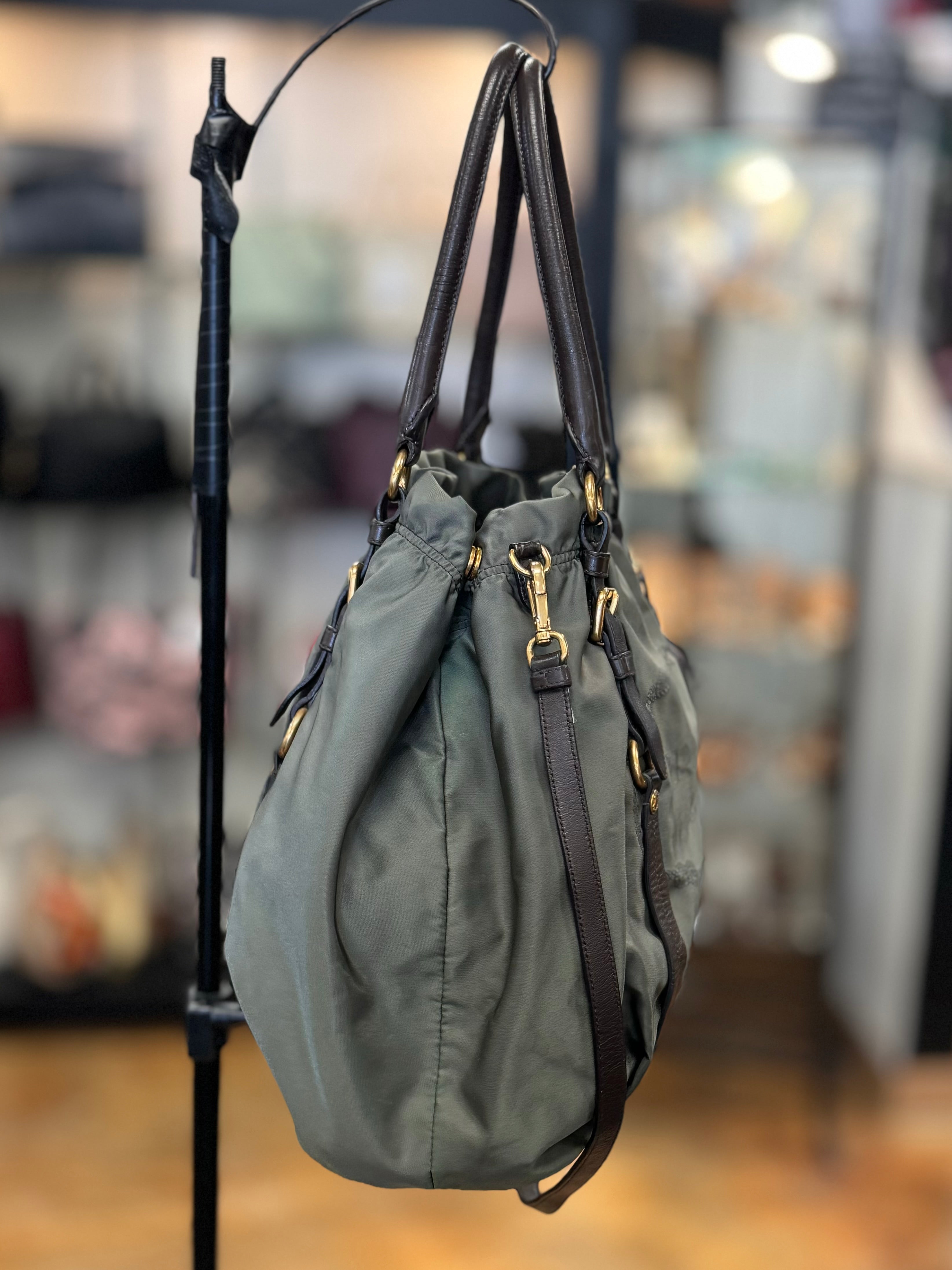 PRADA Green Tessuto Nylon Leather Trim Shoulder Bag