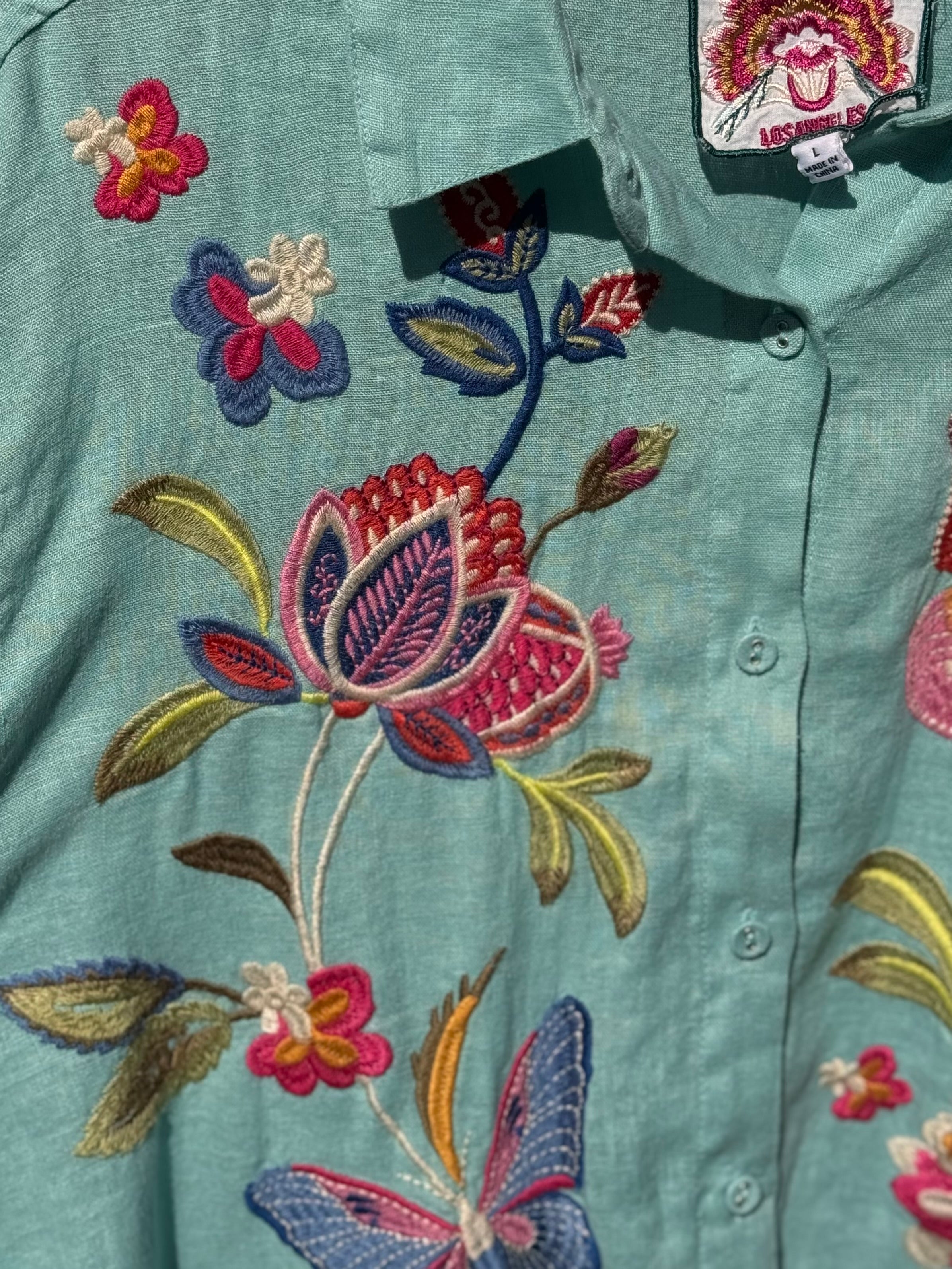 JOHNNY WAS Gracey 100% Linen Embroidered Teal Top Large