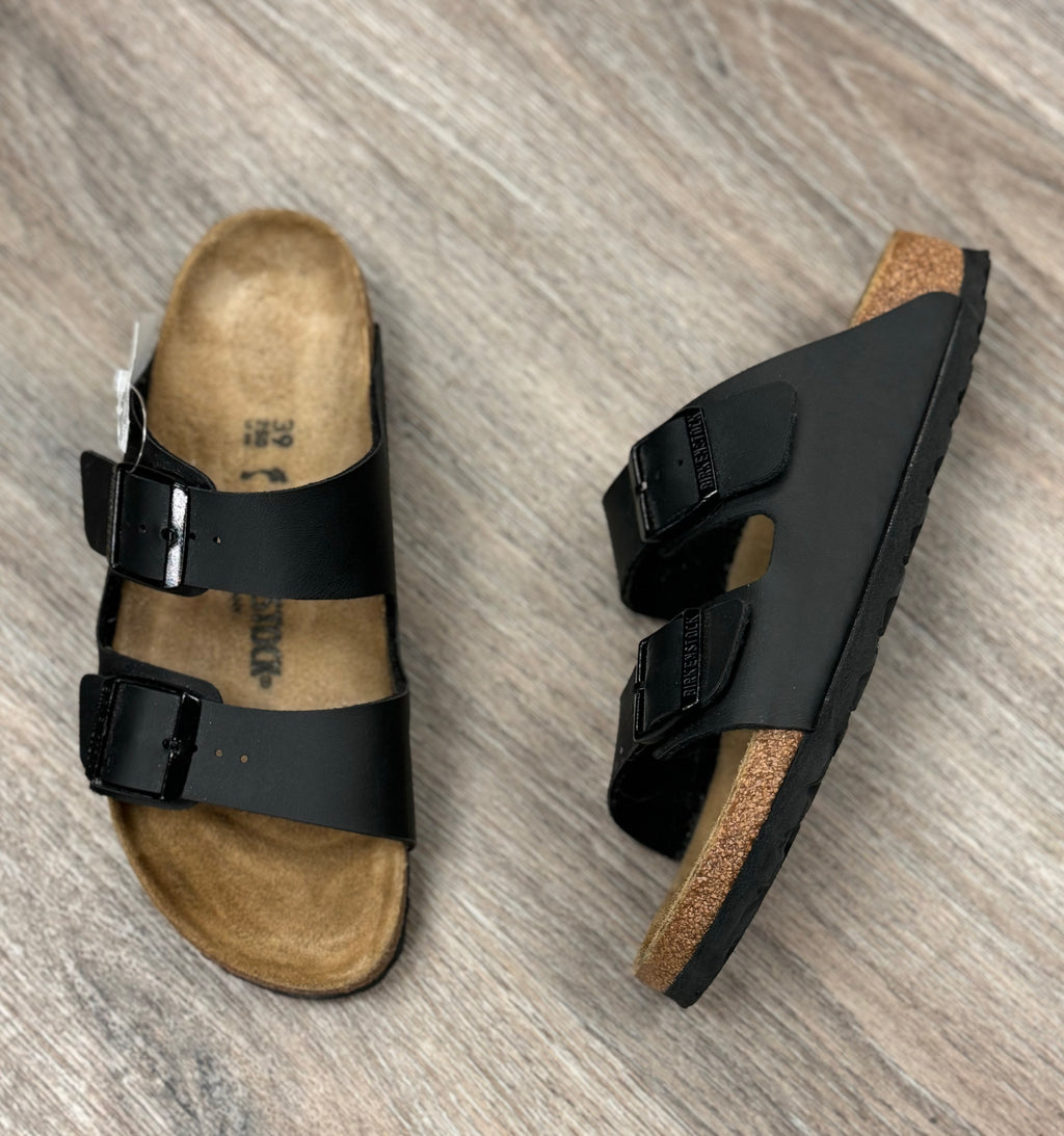 BIRKENSTOCK Black Buckle Leather Arizona Slides Sz. 39