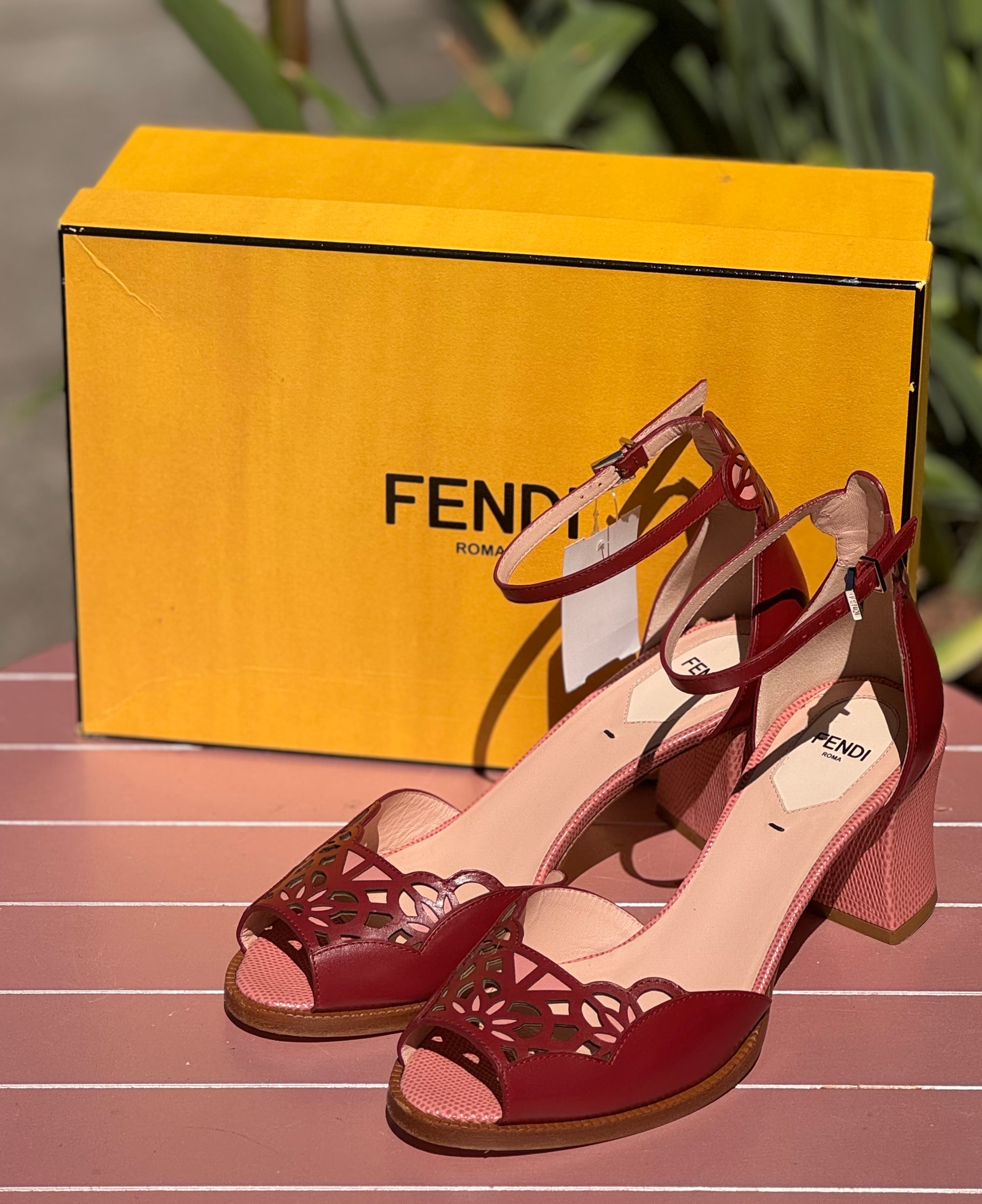 FENDI Pink Leather Embossed Heel Ankle Wrap Sandals Sz. 8