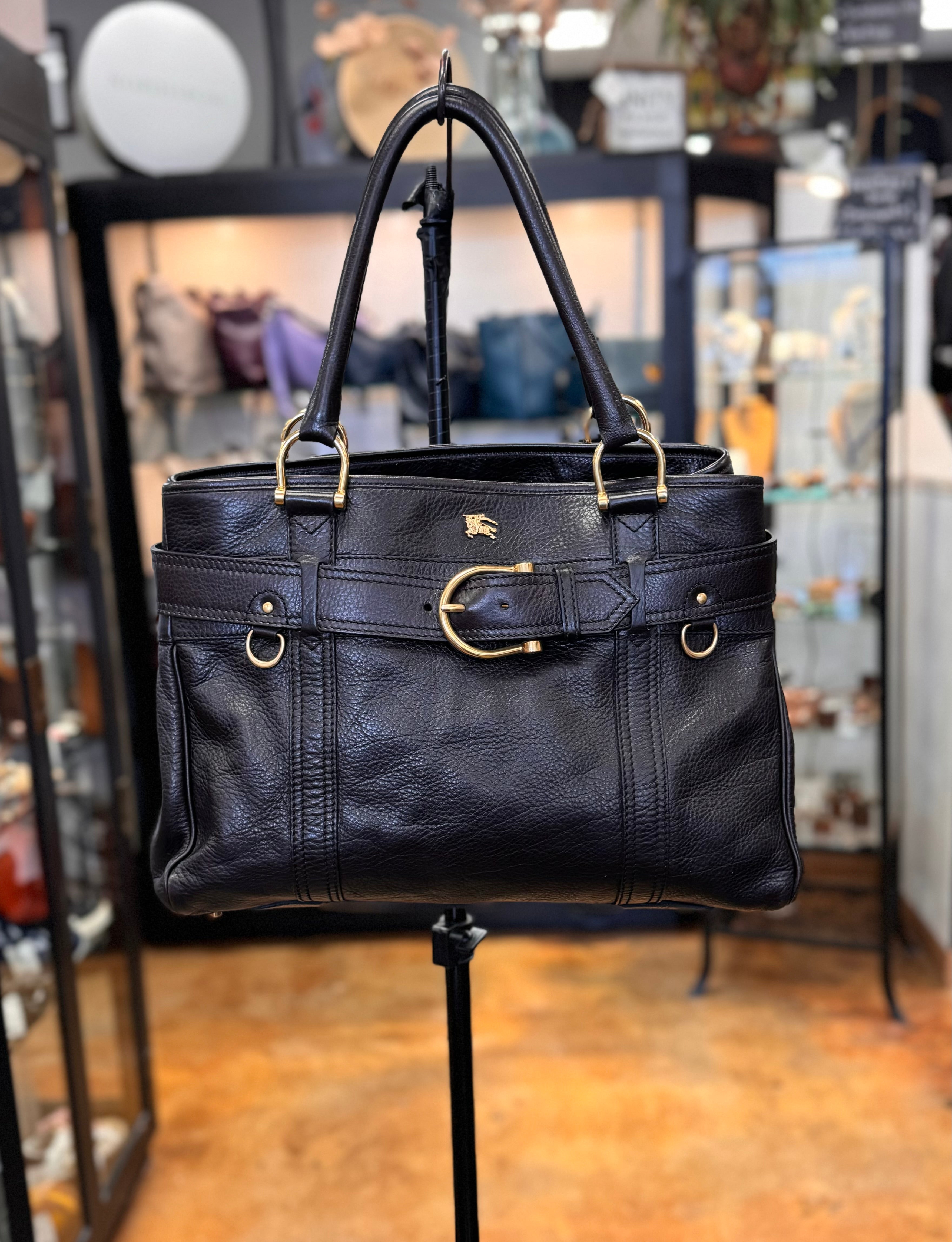BURBERRY Black Leather Belted Tote Bag