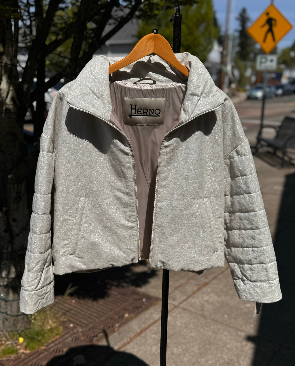 HERNO GIUBBOTO Donna Metallic Cropped Linen Jacket Sz. 42