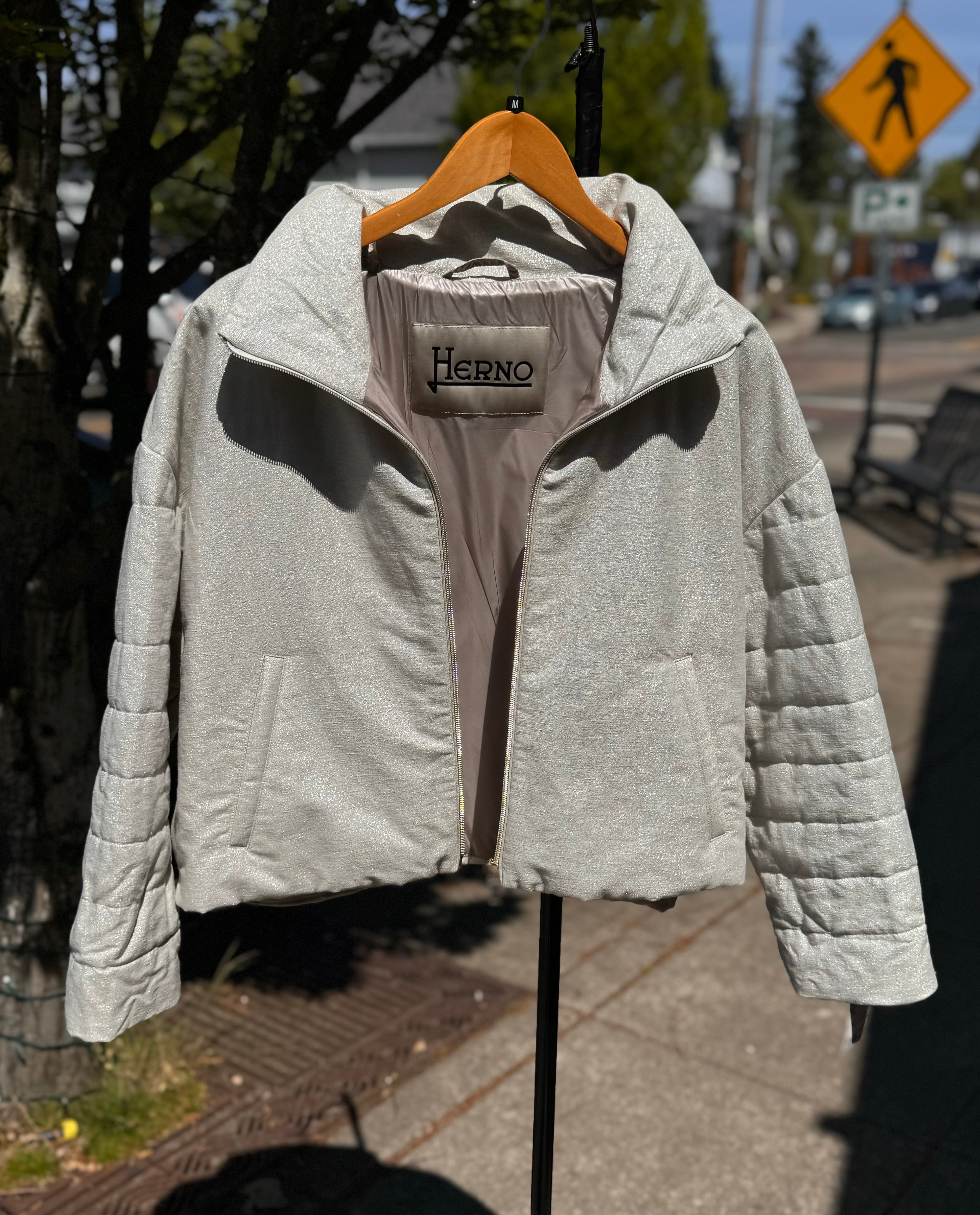 HERNO GIUBBOTO Donna Metallic Cropped Linen Jacket Sz. 42