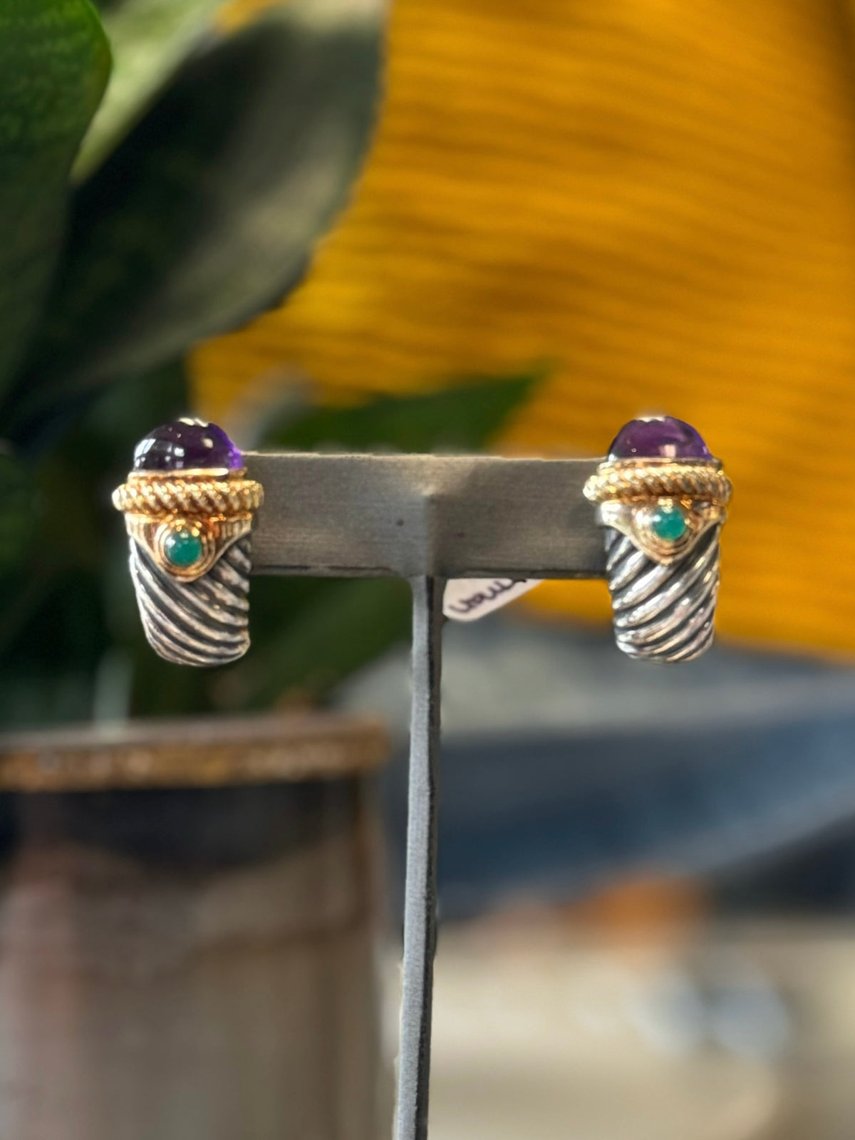 DAVID YURMAN 925 Sterling Silver Amethyst Green Tourmaline Vintage Earrings