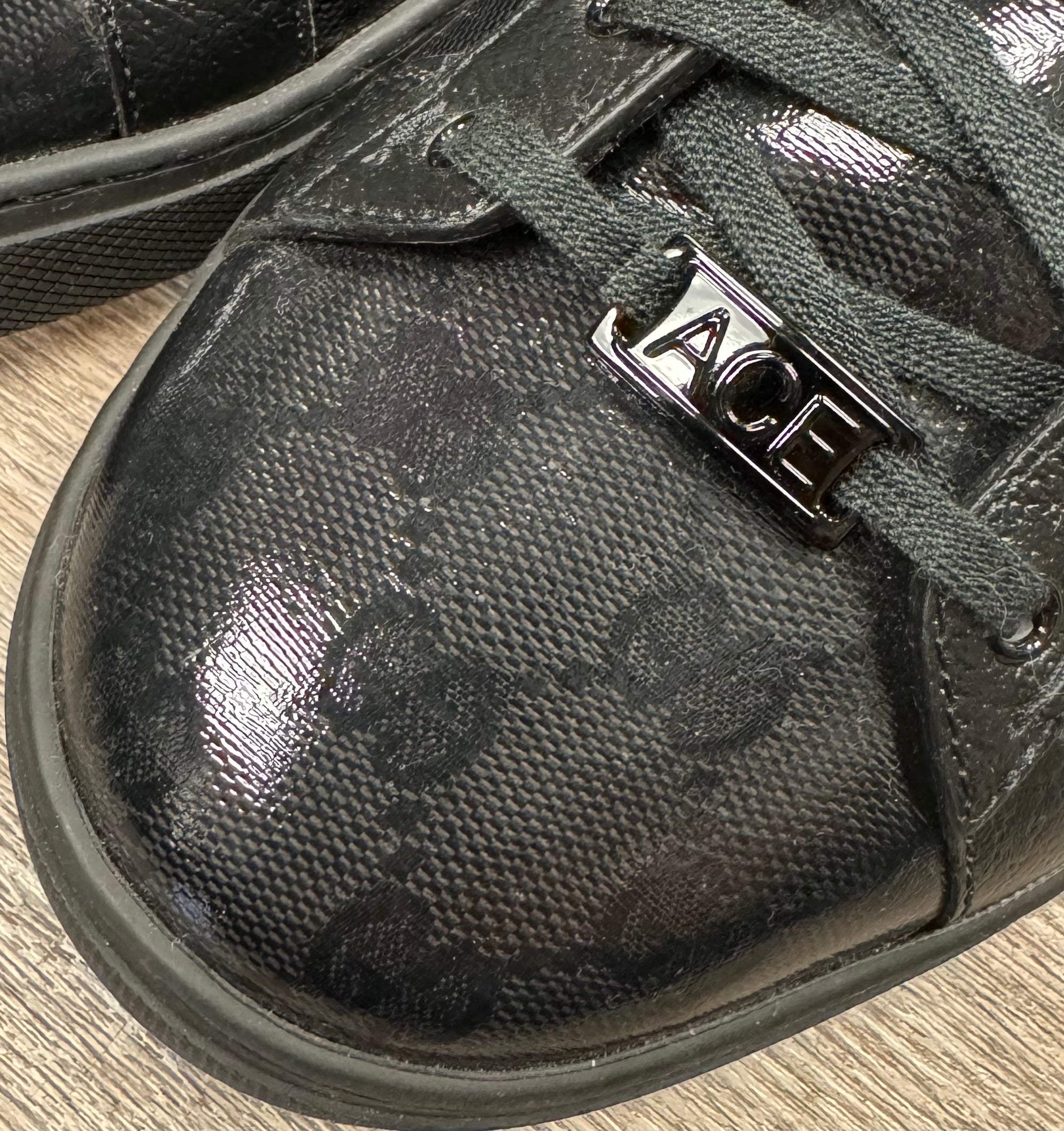 GUCCI Men’s Ace GG Crystal Canvas Patent Leather Sneakers Sz. 10 1/2