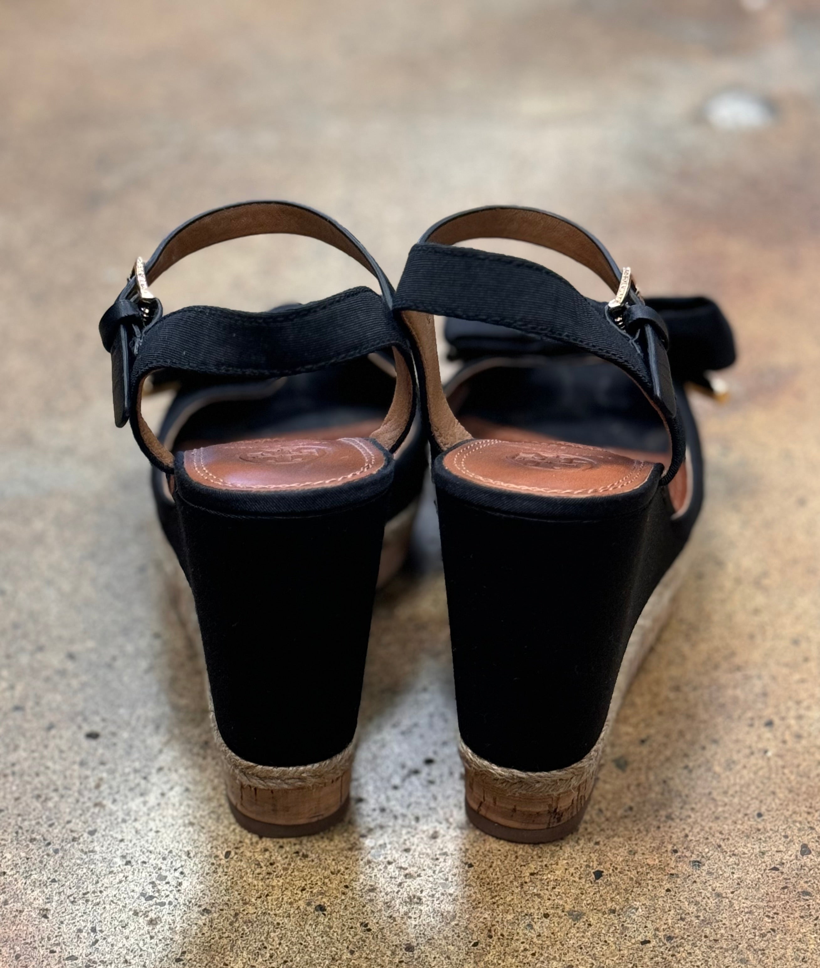 SOLD! TORY BURCH Black Espadrille Bow Wedge Sandals Sz. 8