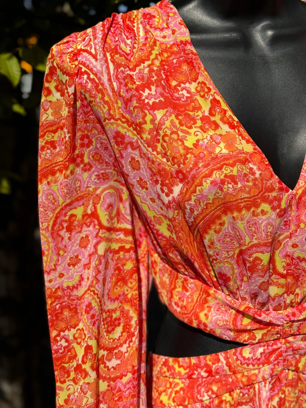 SOLD! FATE Orange & Yellow Floral Long Sleeve Maxi Dress Large