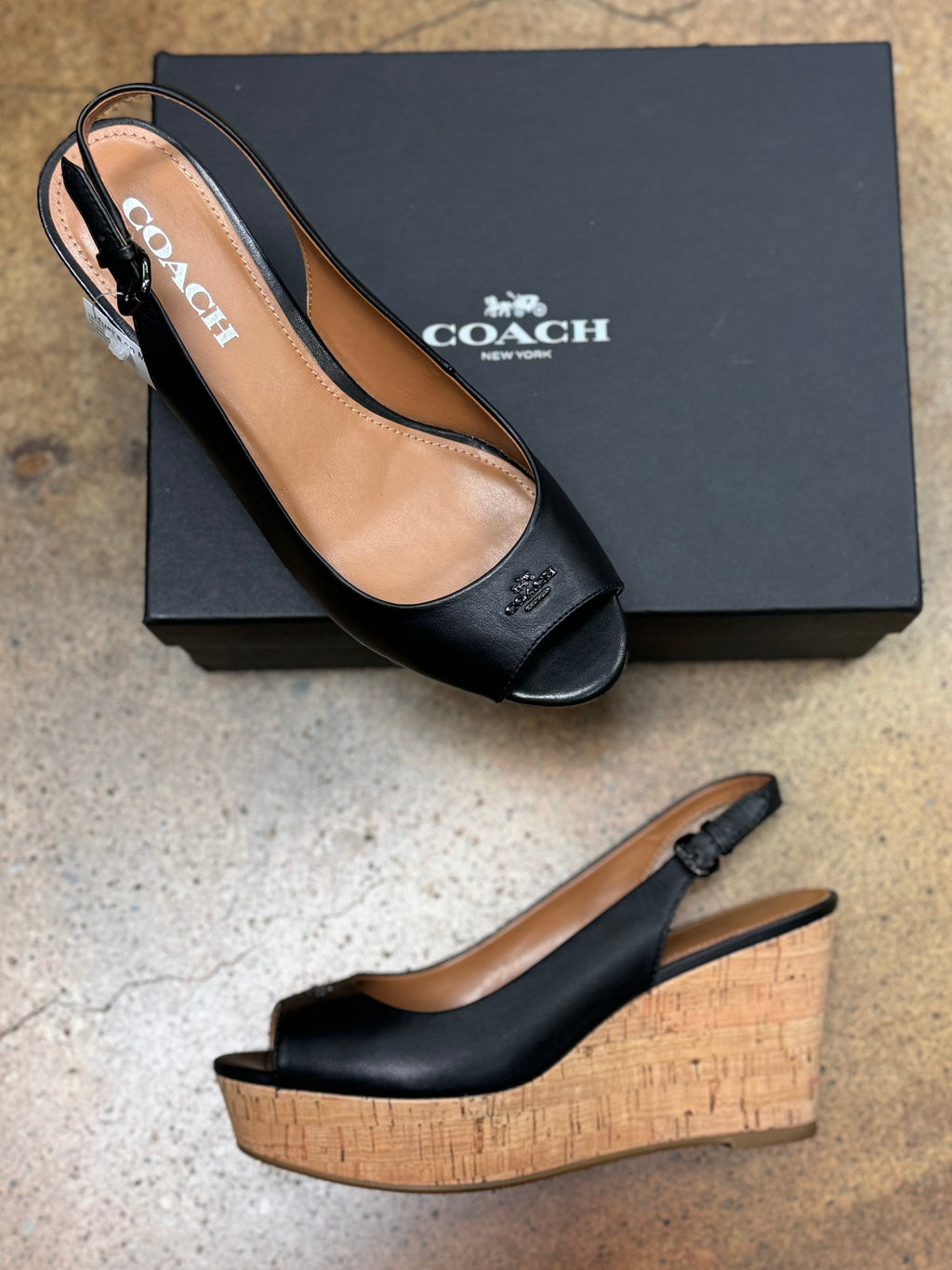 COACH Black Ferry Cork Wedge Peep Toe Slingback Sandals Sz. 8 1/2 w/Box